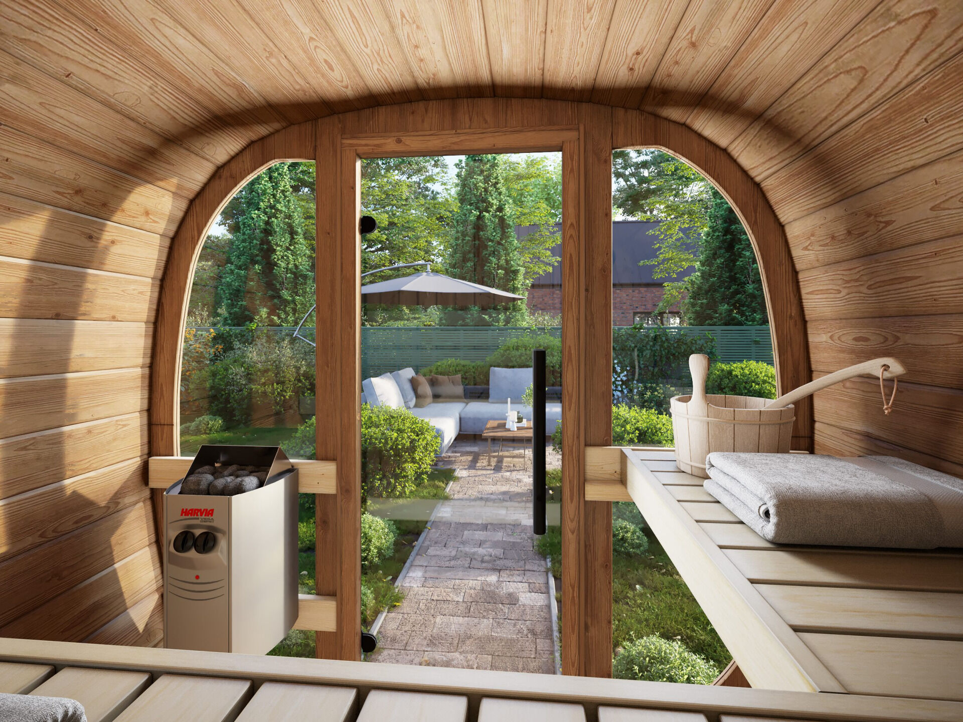 Palmako Fasssauna Astra 1,4 Thermoholz mit Glasfront
