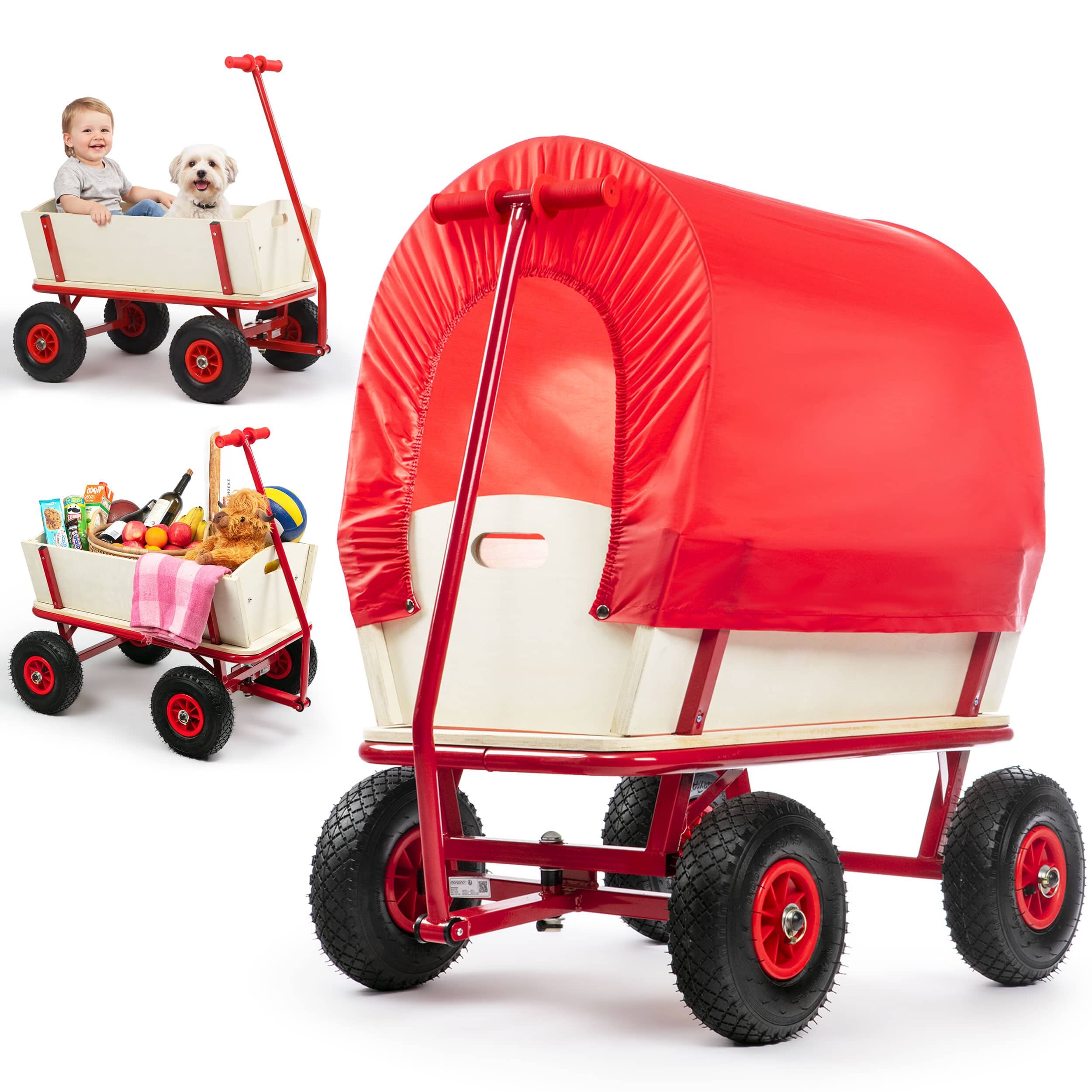 Bollerwagen Braun/Rot Holz 168x99x61cm mit Schutzdach