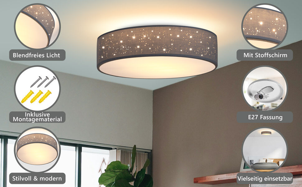 Deckenlampe Grau Stoff Ø30cm Sternenhimmel