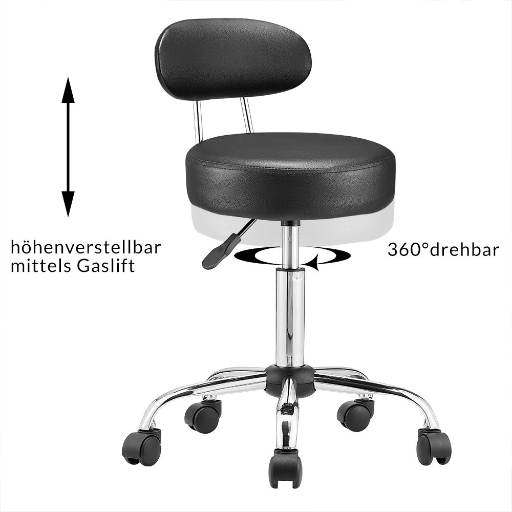 Rollhocker Schwarz 360° drehbar mit Rückenlehne