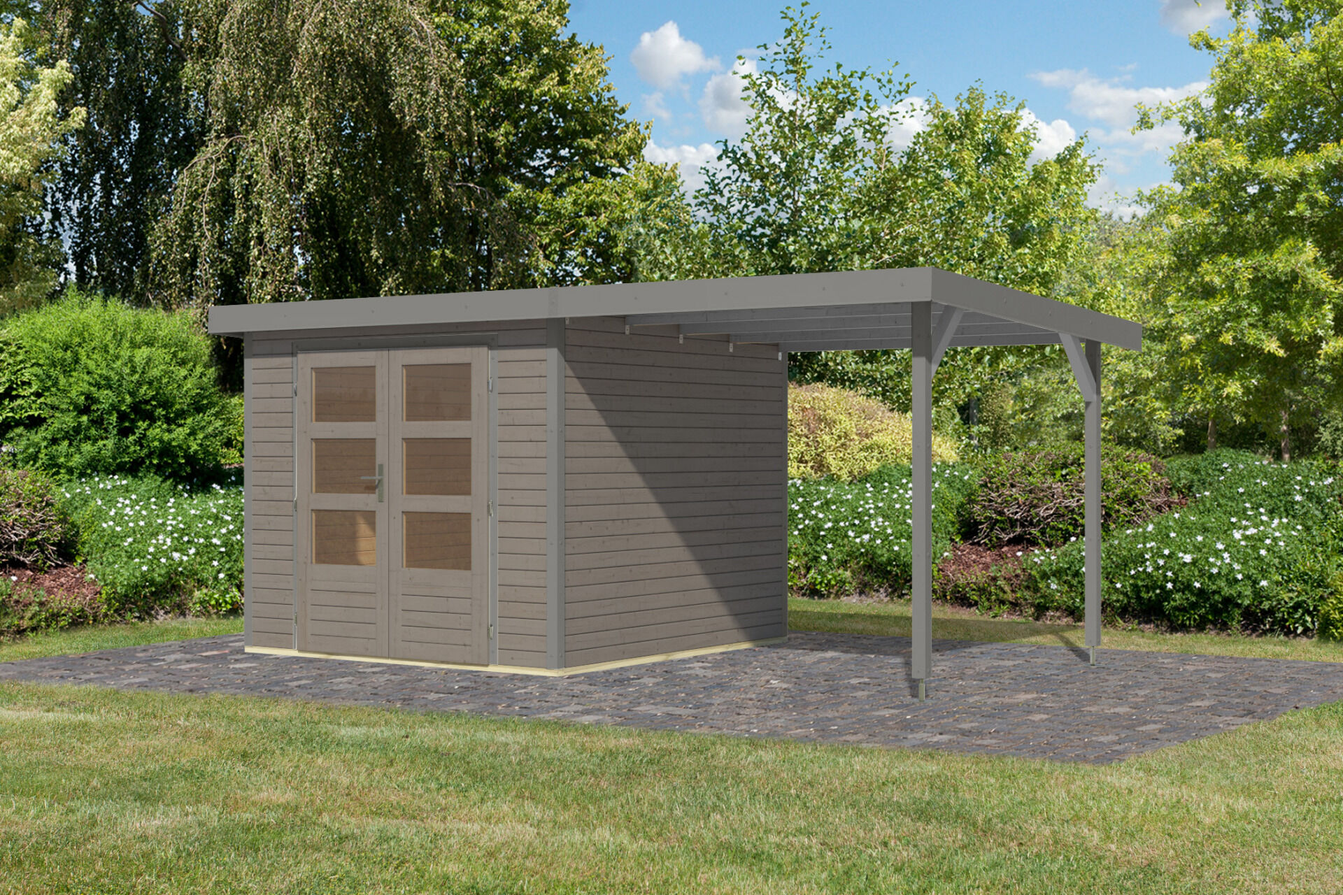 Karibu Pultdach Holz & Metall Gartenhaus Jupiter 3,5 Set mit Anbaudach 2,35 m, naturbelassen / graualuminium