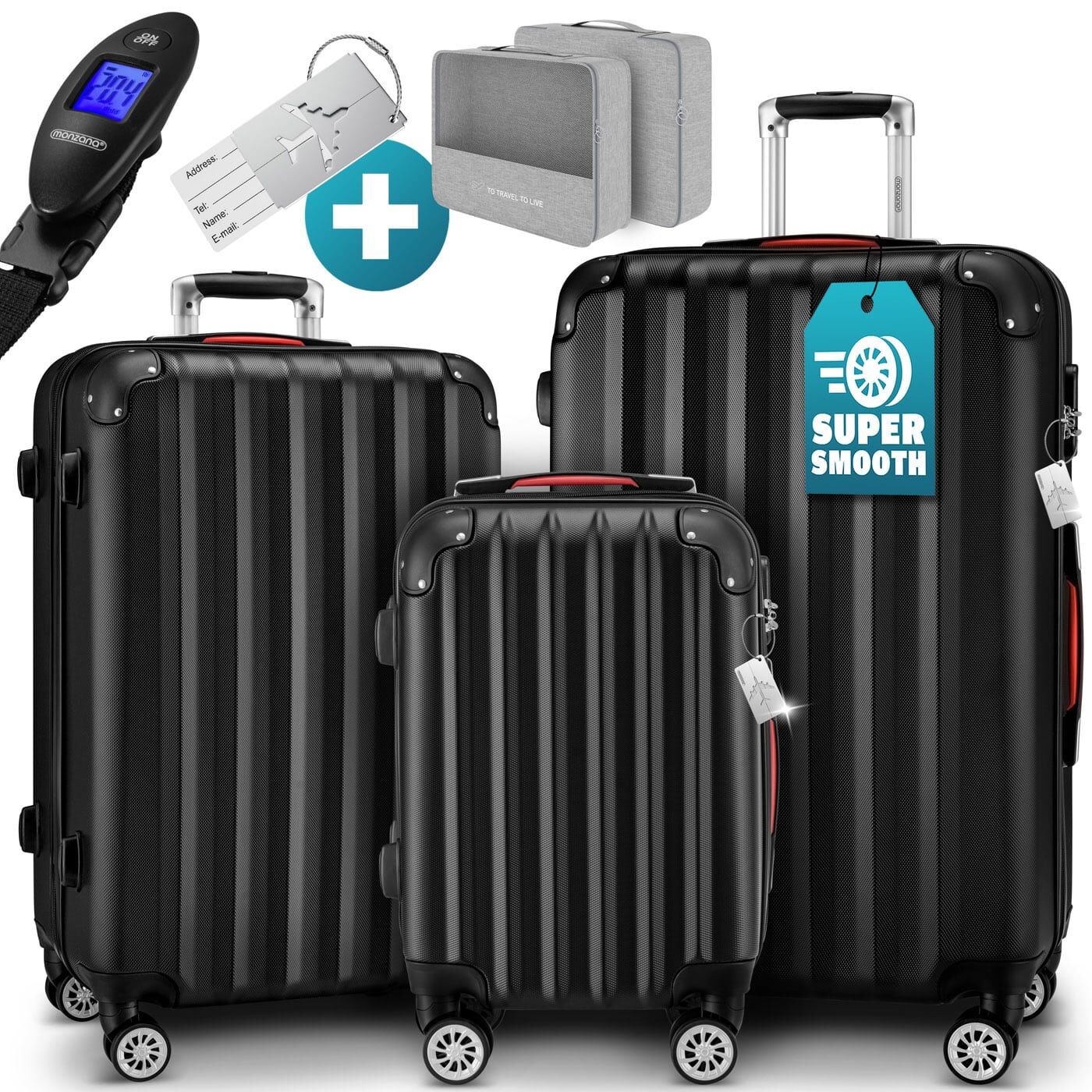 Hartschalenkoffer Set 3-tlg mit Zubehör Rollen 360º Schwarz ABS