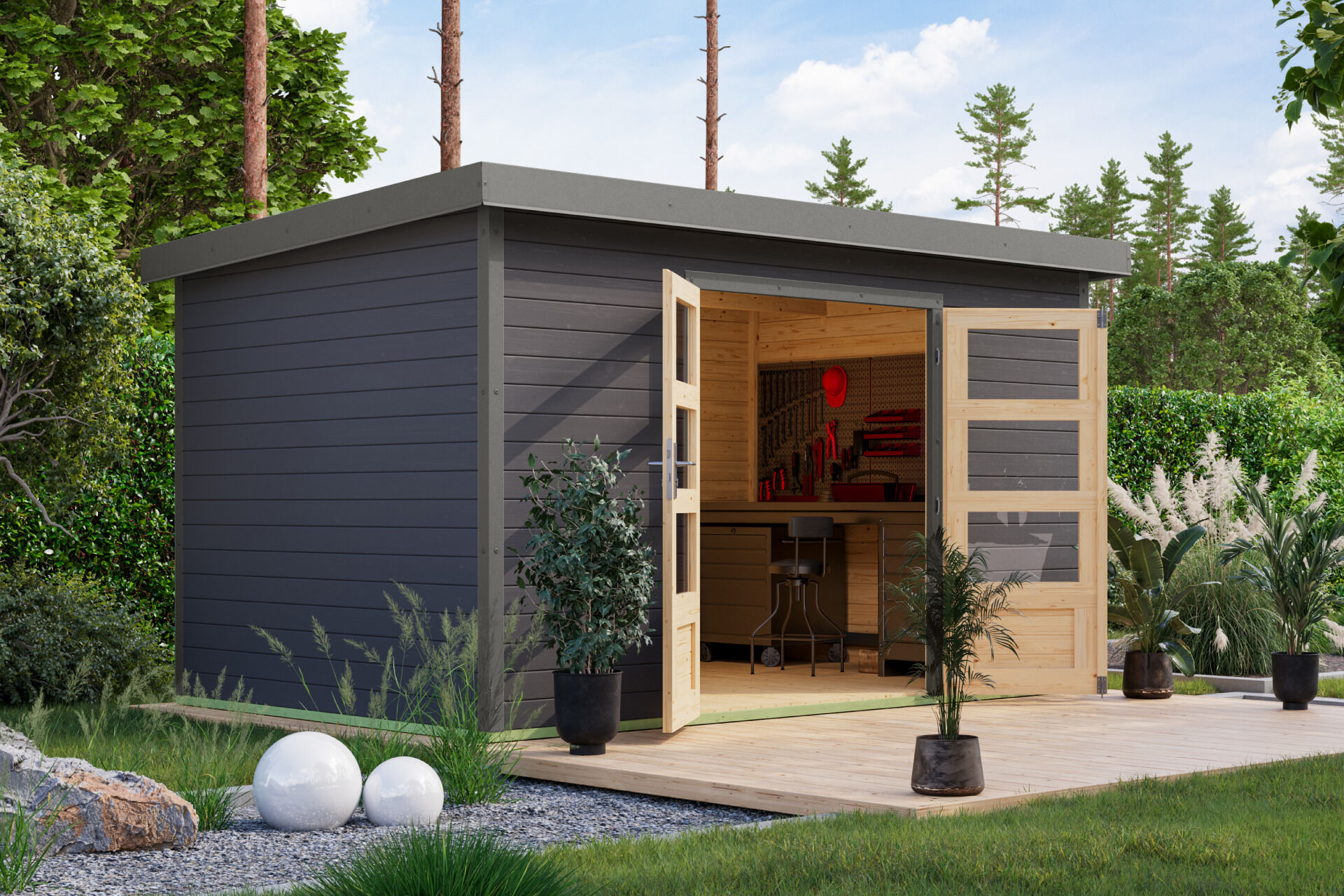 Karibu Pultdach Holz & Metall Gartenhaus Pluto 7, naturbelassen / graualuminium