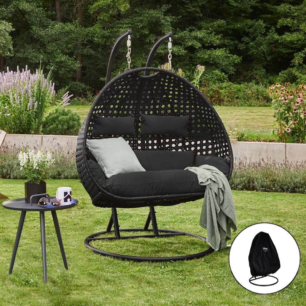 Polyrattan Hängesessel mit Regenabdeckung TWIN - Schwarz für 2 Personen