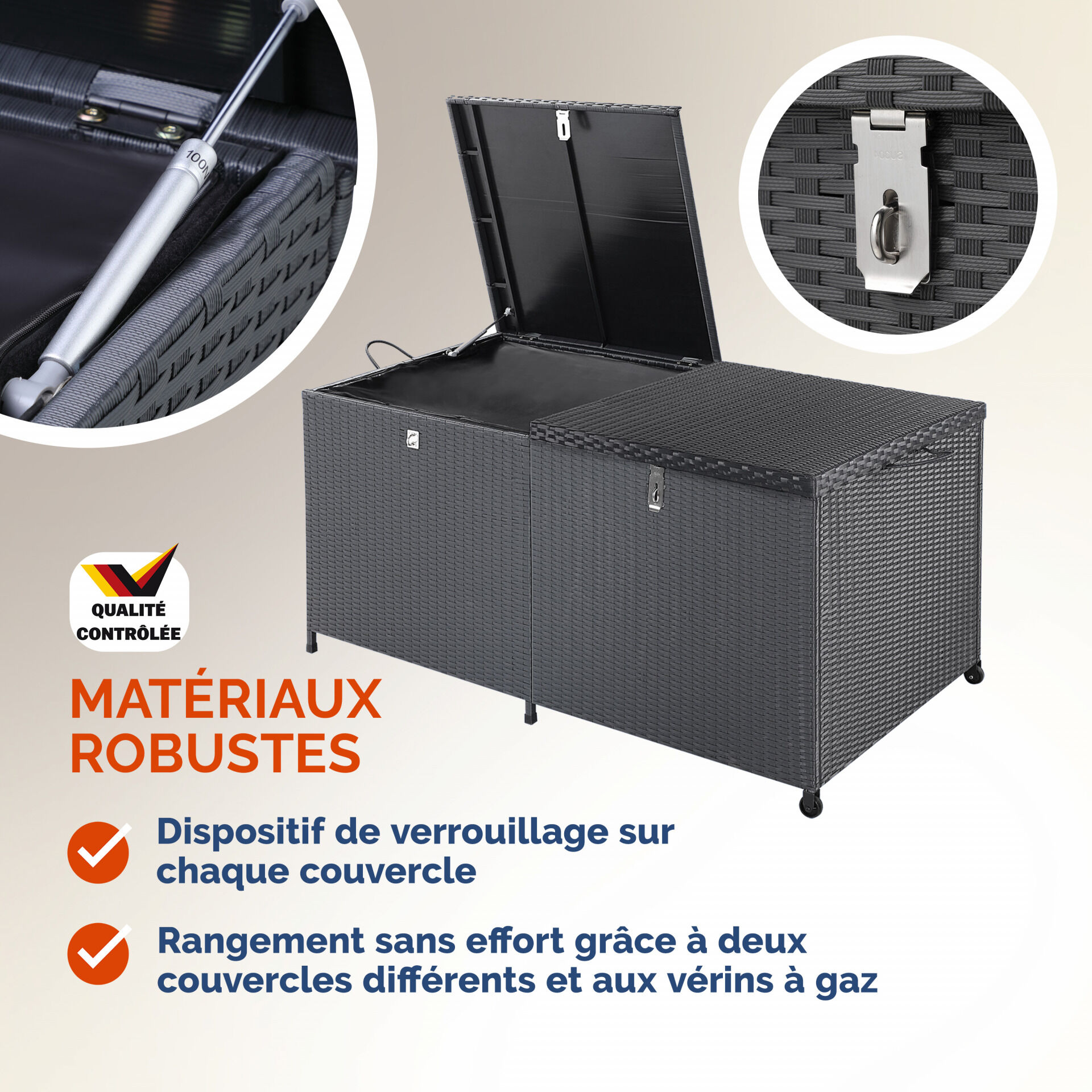 Gartenbox Polyrattan 625L wetterfest abschließbar mit Rollen