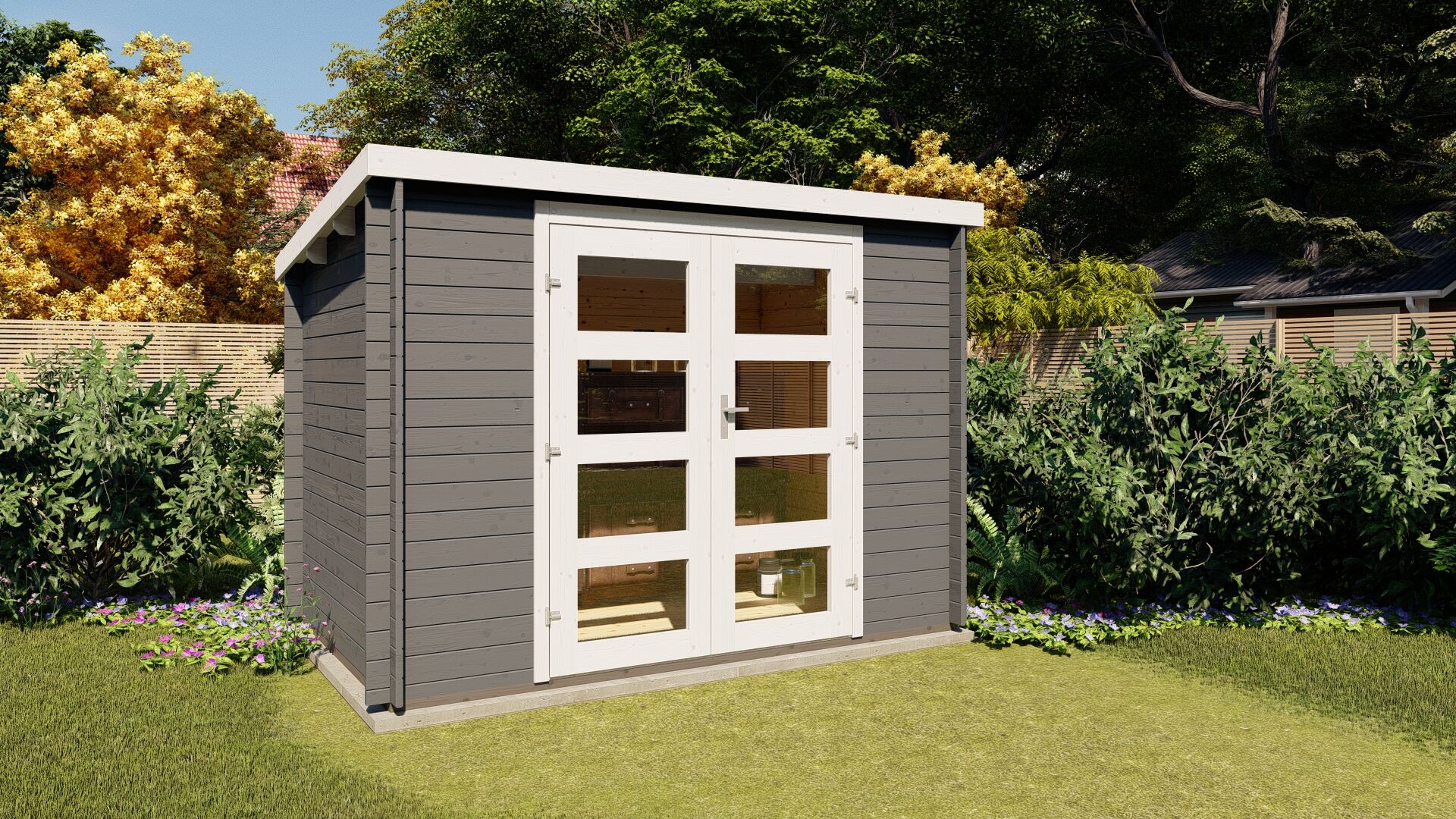 Gartenhaus Funny 13 – Flachdach Blockbohlenhaus 3×2 m