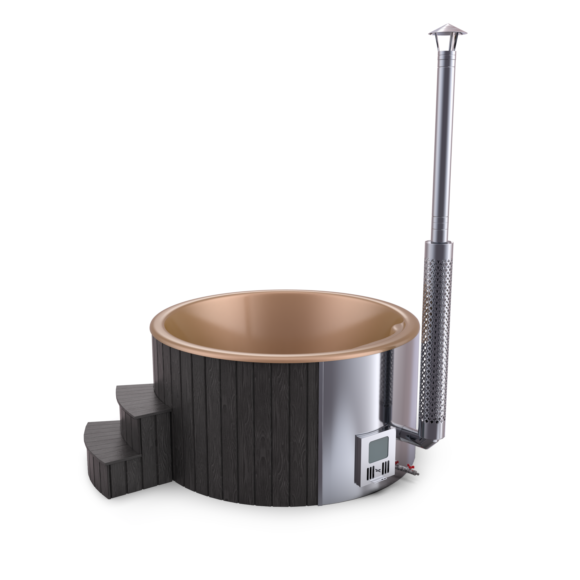 SPANOVA Hot Tub Premium 225 Rund – WPC Badefass mit integriertem Holzofen & Acrylwanne, Gold, V2A Edelstahlofen
