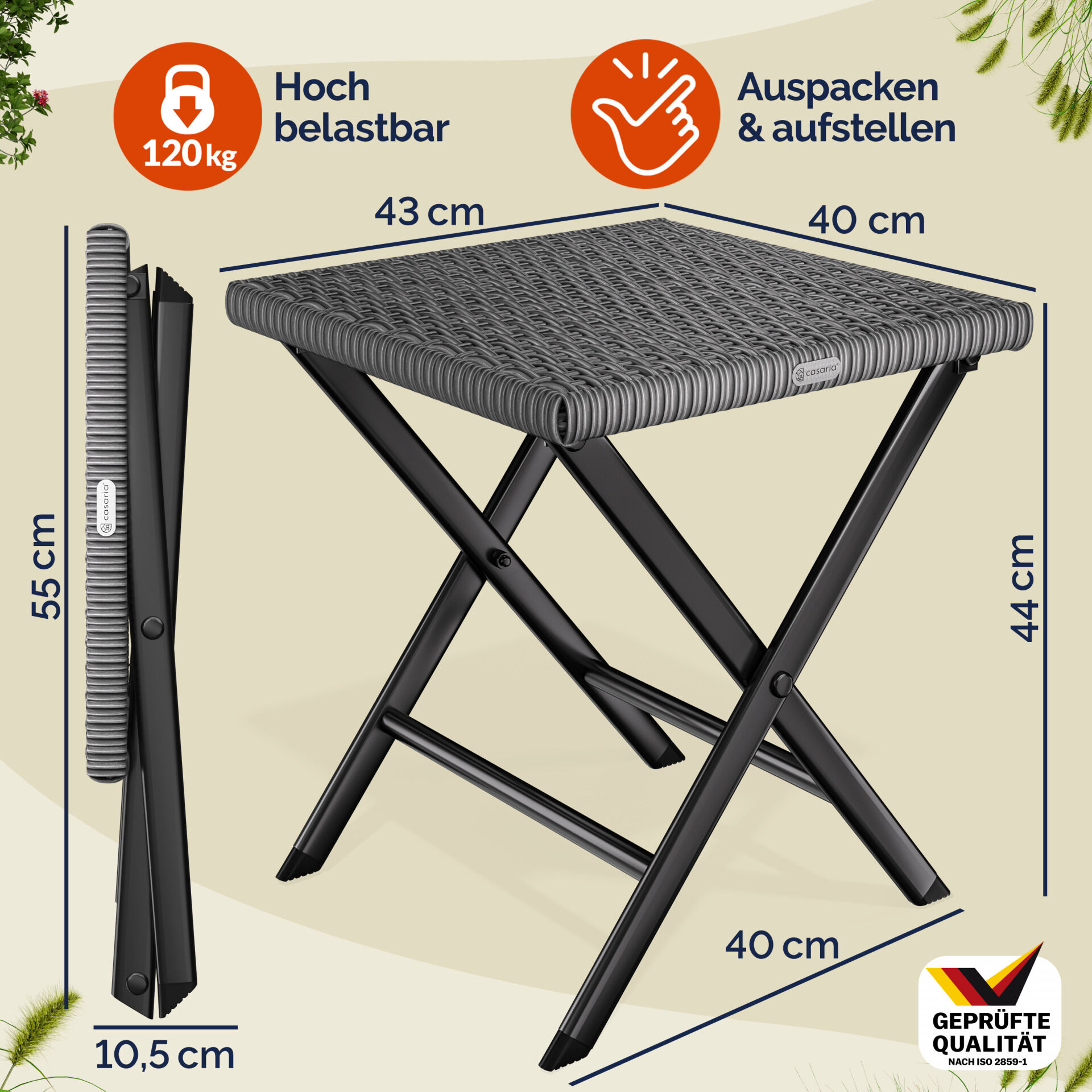 Polyrattan Klapphocker Anthrazit 3in1 120kg Belastbarkeit 43x40x44cm klappbar leicht tragbar außen wetterfest