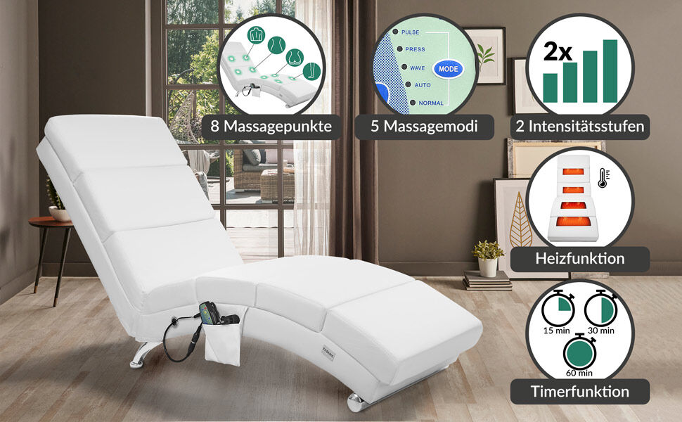 Relaxliege London Weiß mit Massage- + Heizfunktion