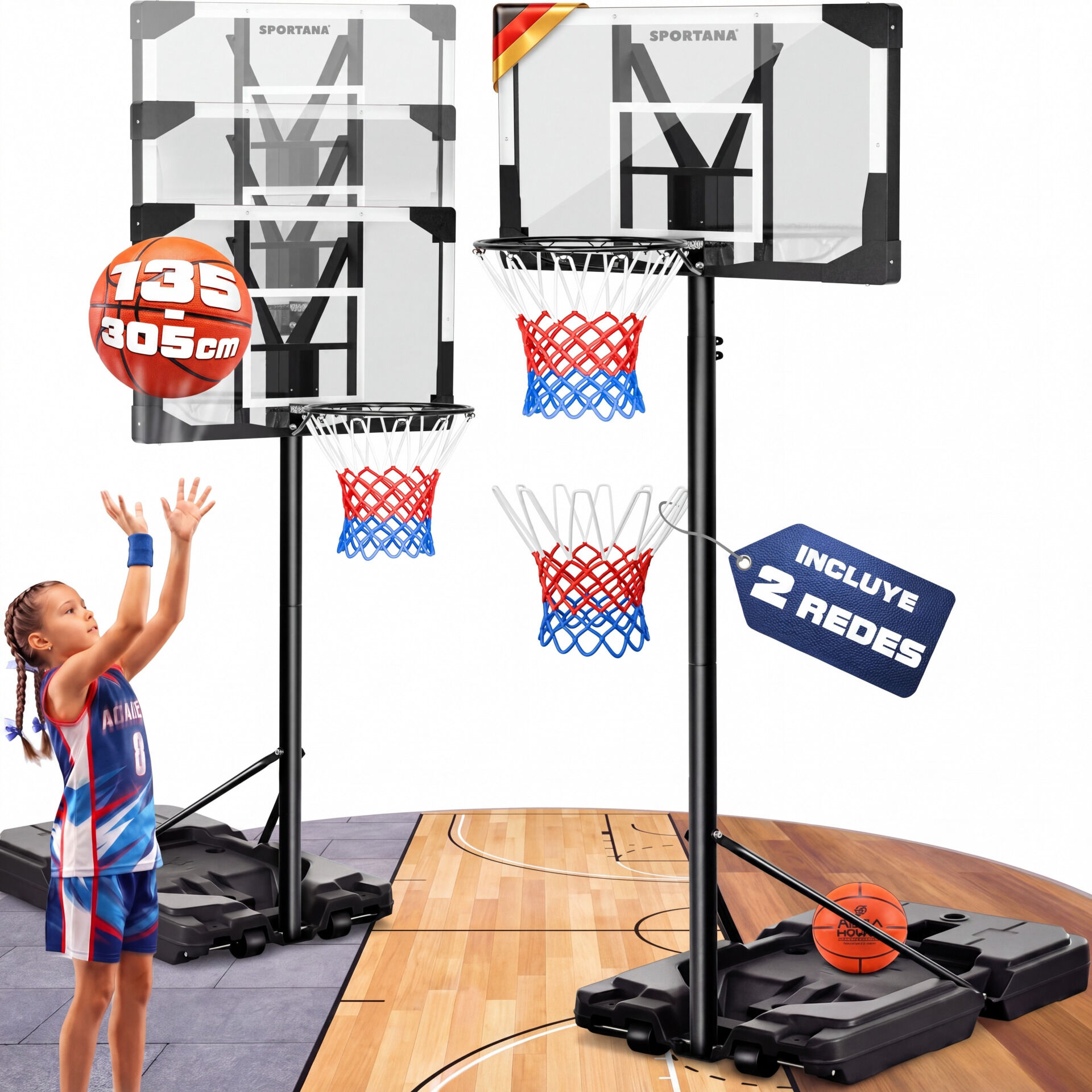 Basketballkorb Outdoor höhenverstellbar 135 –305 cm stabil wetterfest mit Ständer 60 kg Sockel Rollen