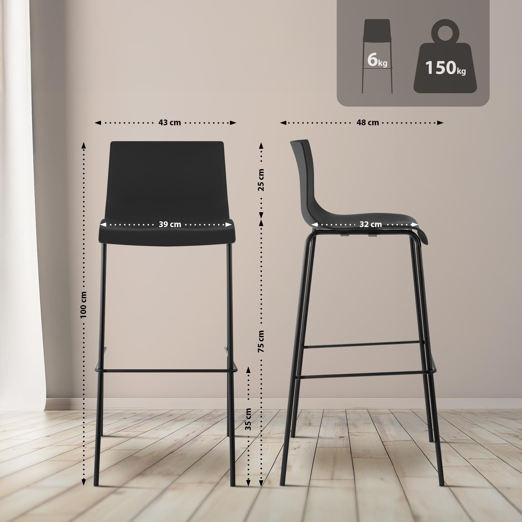 2er Set Barhocker Hoover Kunststoff 4-Fuß Gestell schwarz, schwarz