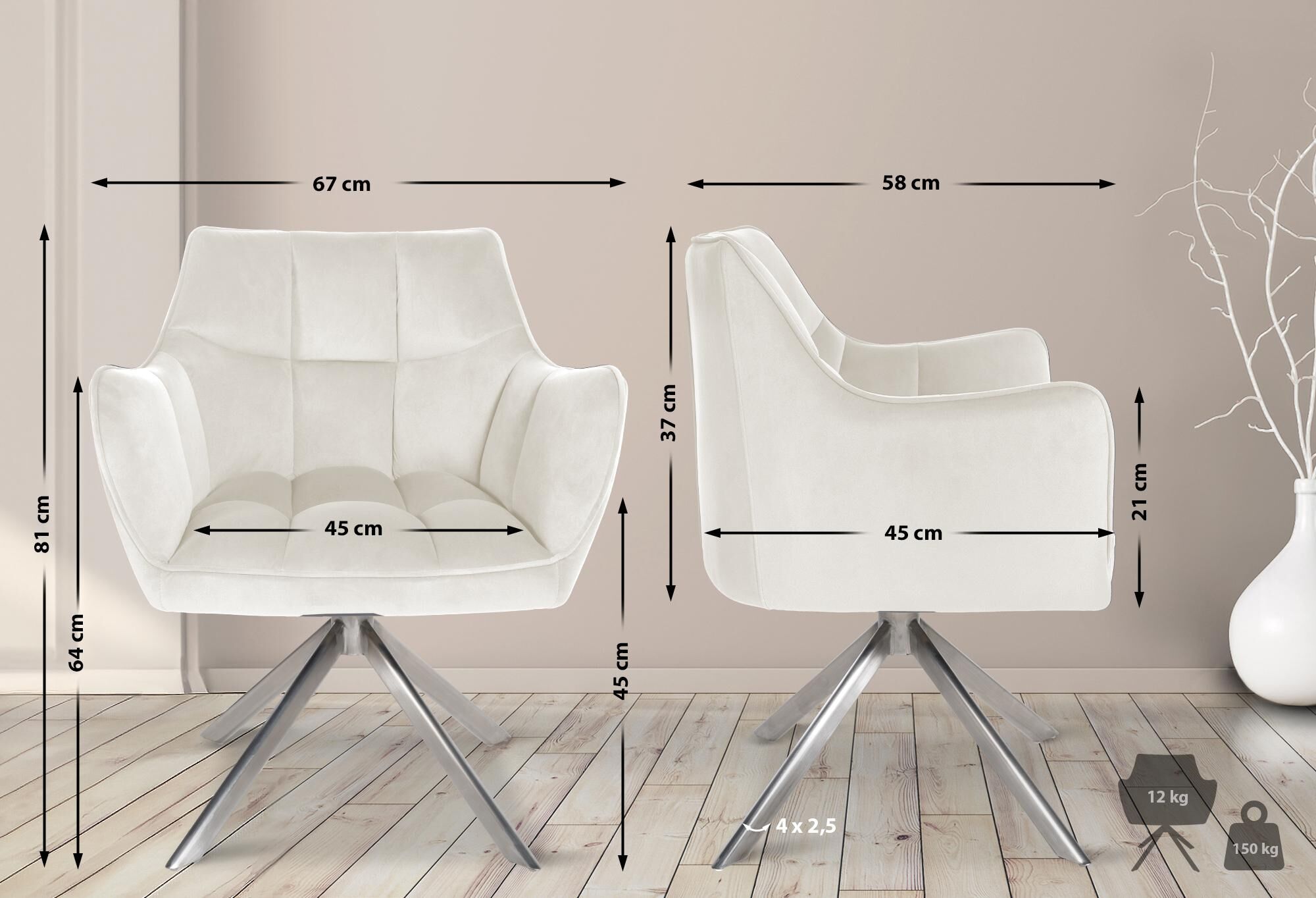 Esszimmerstuhl Swing Samt edelstahl, creme