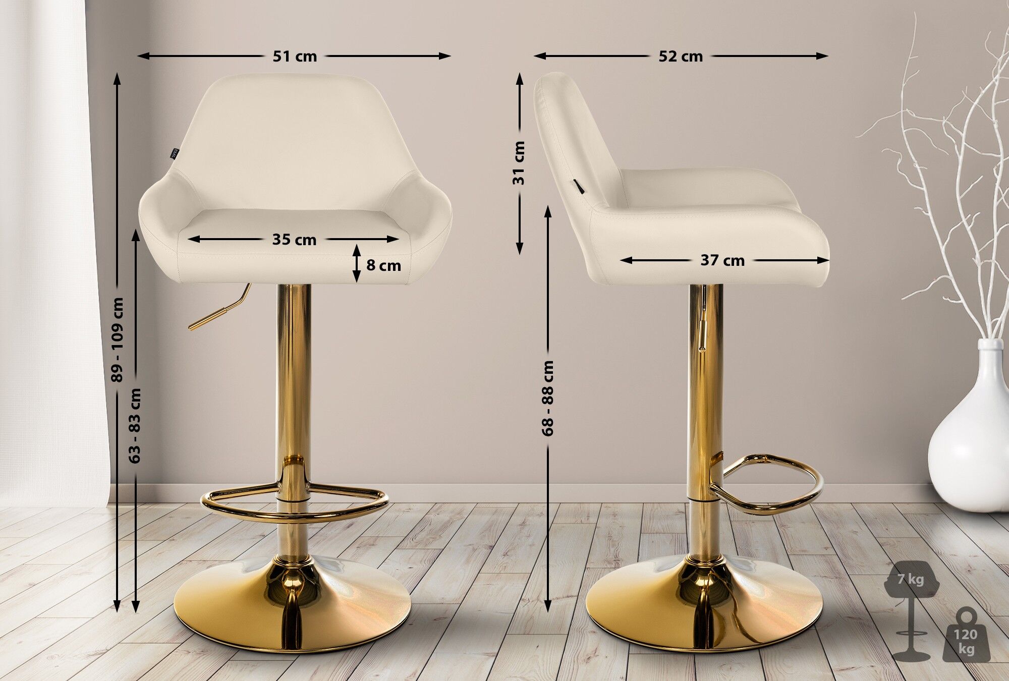 2er Set Barhocker Braga Gold Kunstleder, creme