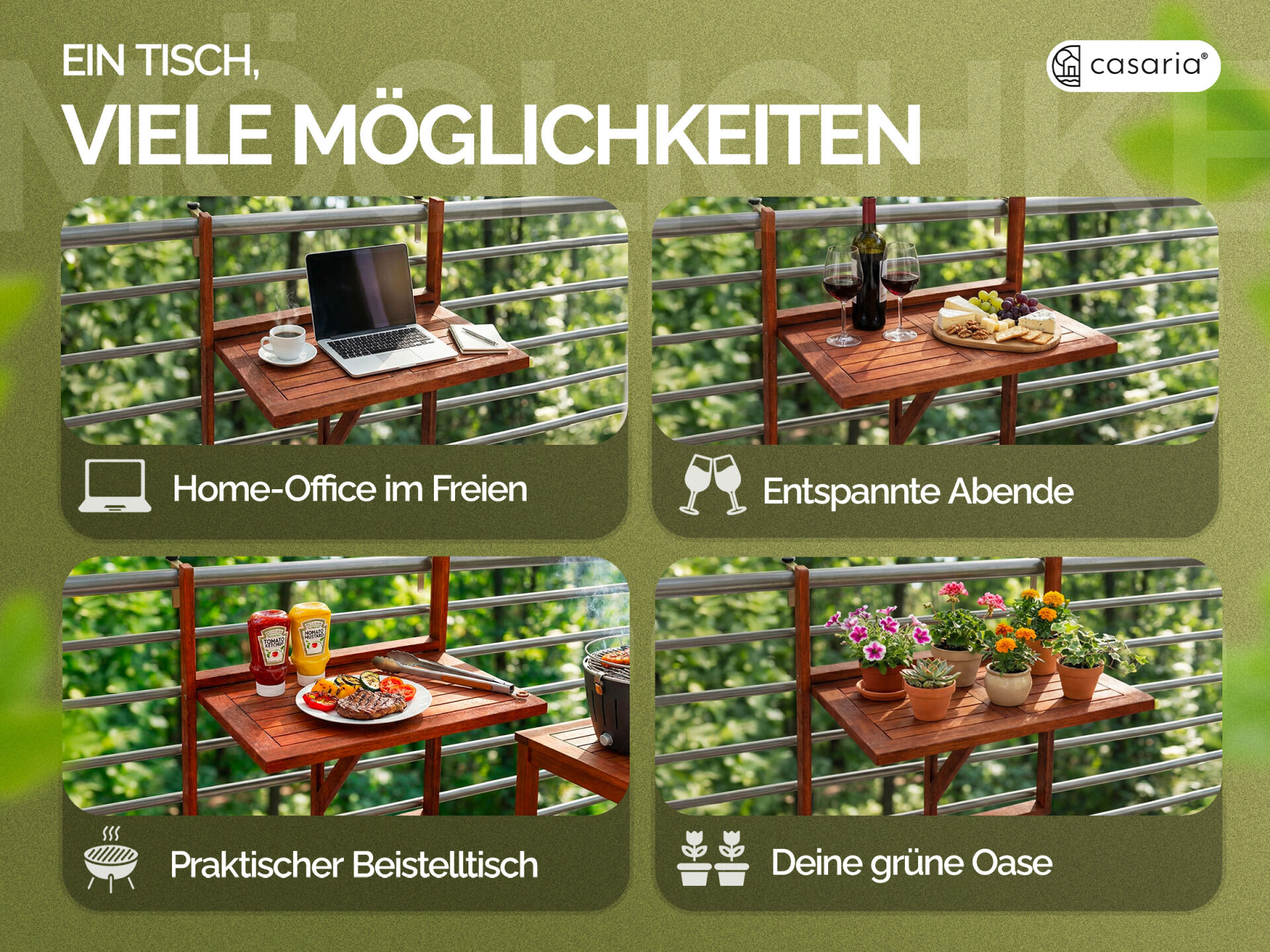 Balkonhängetisch Akazienholz 65x45x87cm FSC®-zertifiziert klappbar
