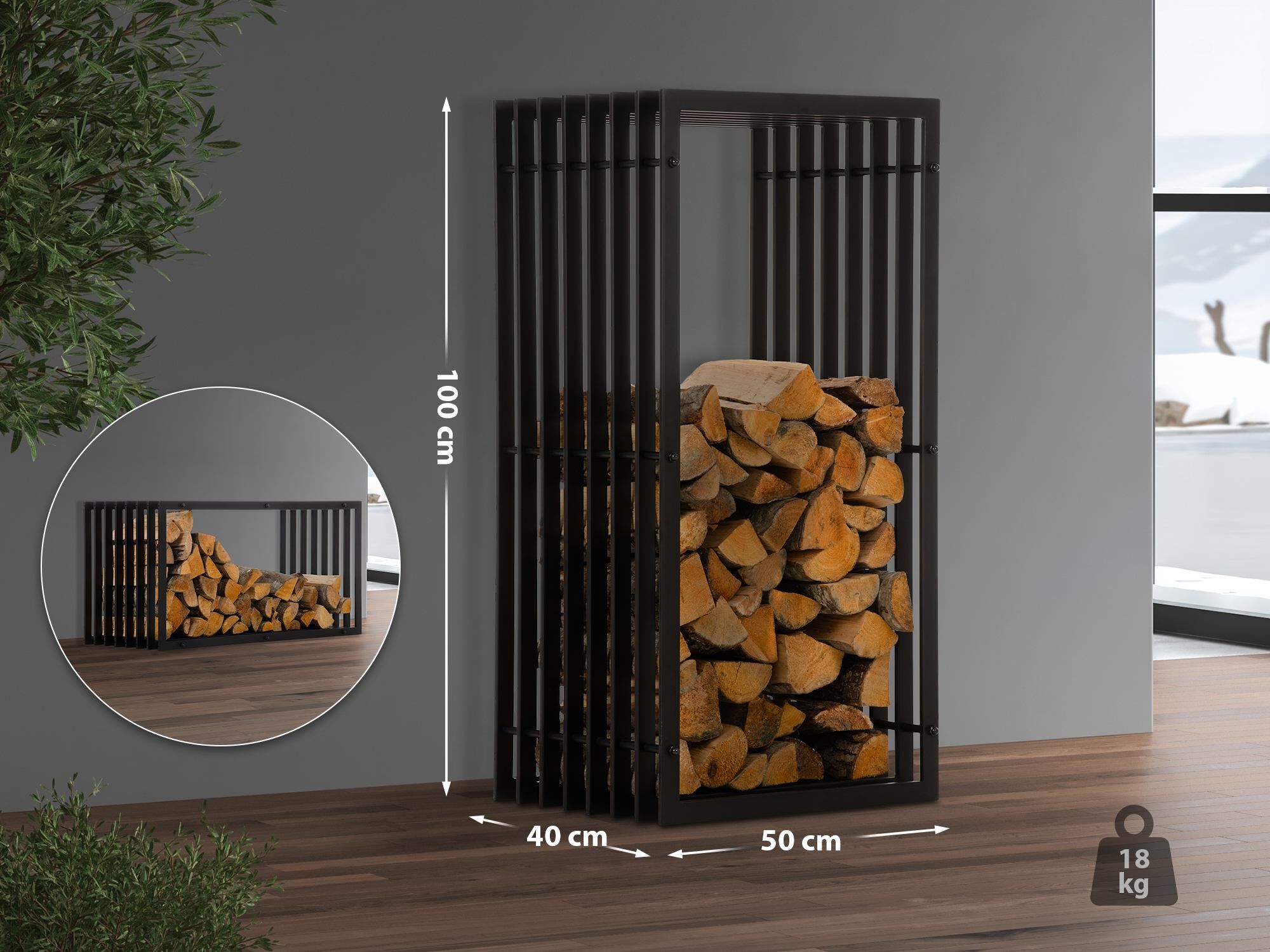 Kaminholzständer Irving 40x50x100, schwarz-matt