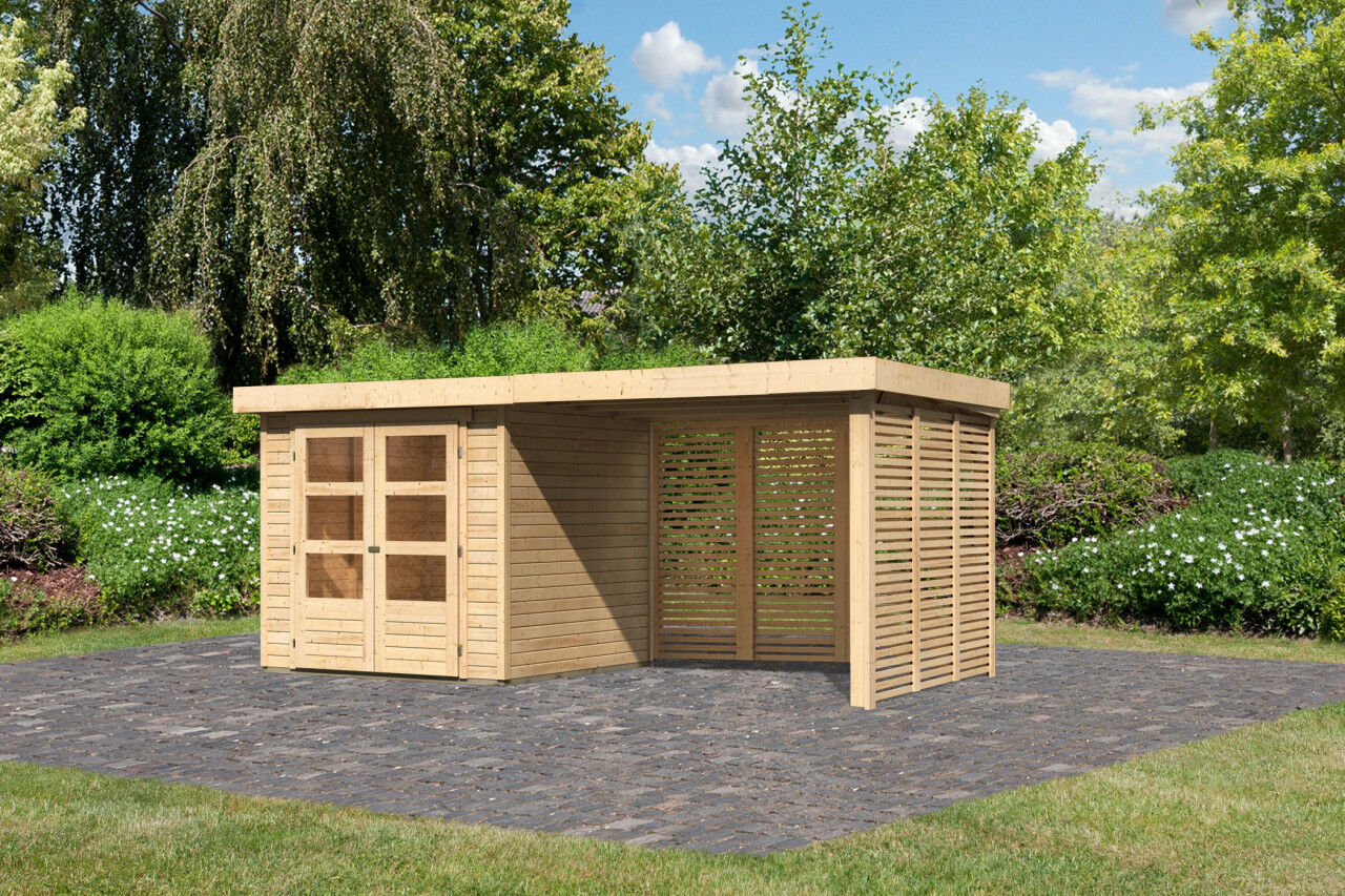 Flachdach Gartenhaus Askola 2 im Set mit Anbaudach 2,80 m und Feuerholzoption natur