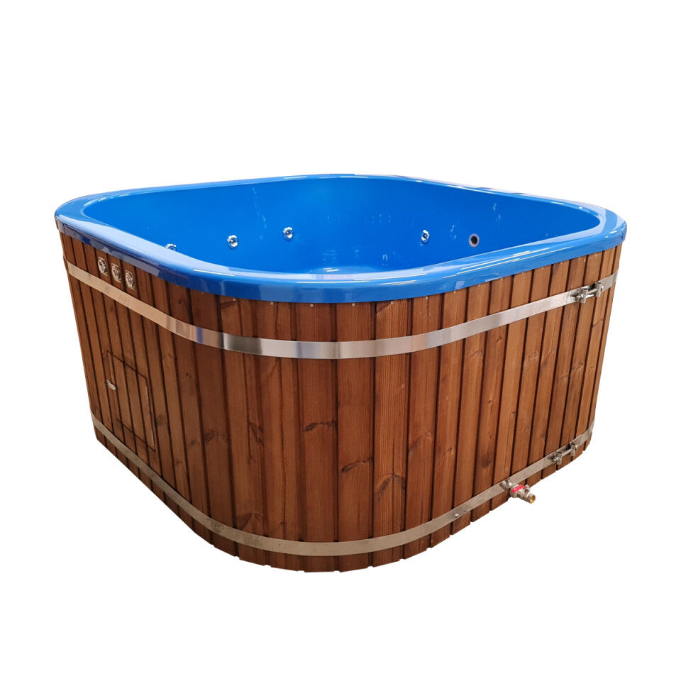 Badefass 200 Prestige Quadratisch Fichte mit blauem Acryl-Einsatz, Hydro-Düsen, Pneumatik-Schalter, Revisionsklappe, Abfluss und Spannbänder