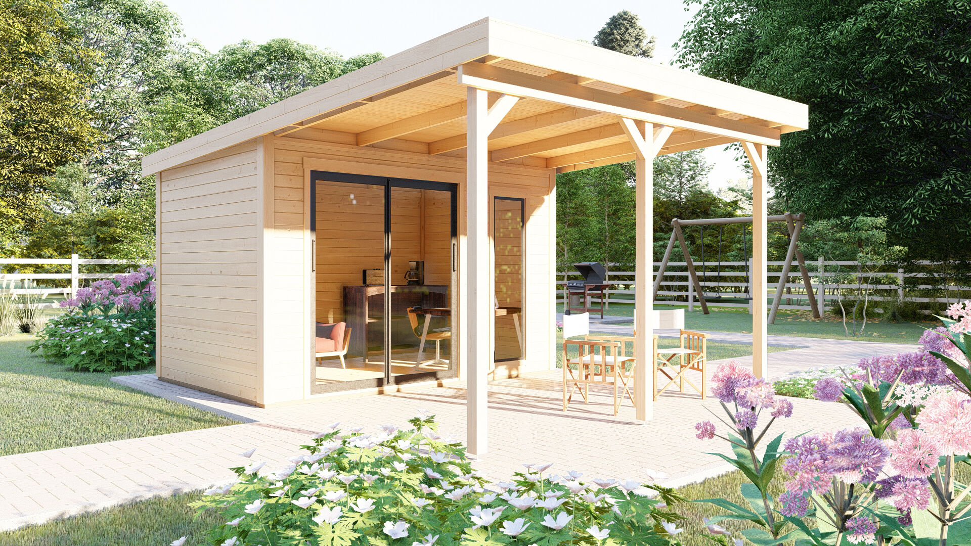Flachdach Holz Gartenhaus Sydney 53 mit Schiebetür und Terrasse