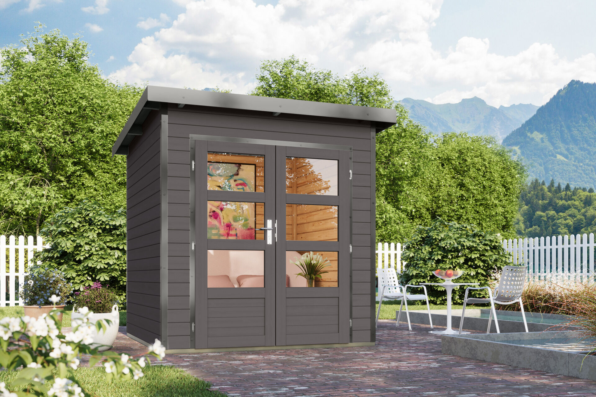 Karibu Pultdach Holz & Metall Gartenhaus Pluto 1, naturbelassen / graualuminium