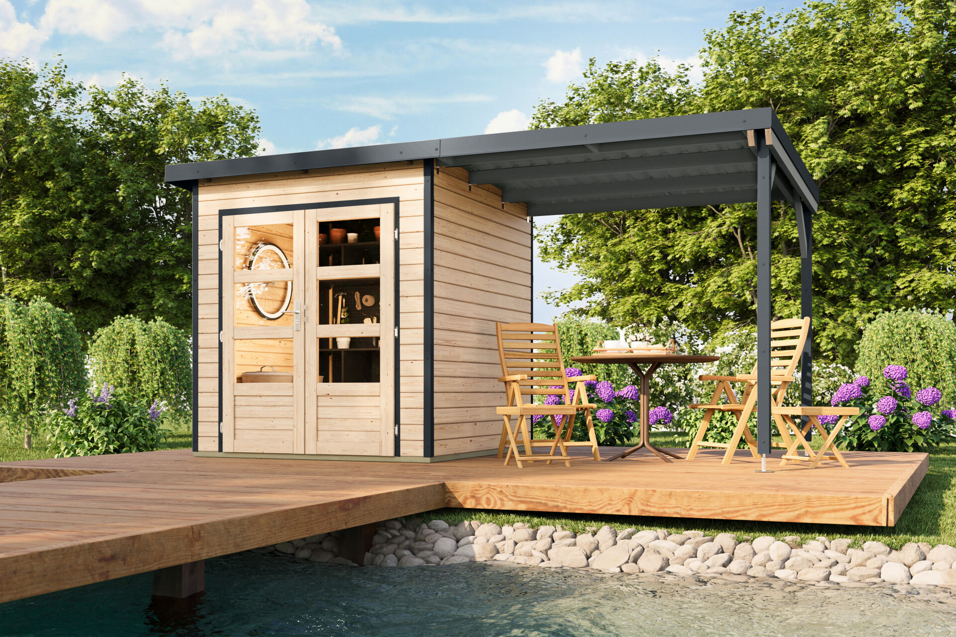 Karibu Pultdach Holz & Metall Gartenhaus Pluto 1 Set mit Anbaudach 2,33 m, naturbelassen / graualuminium