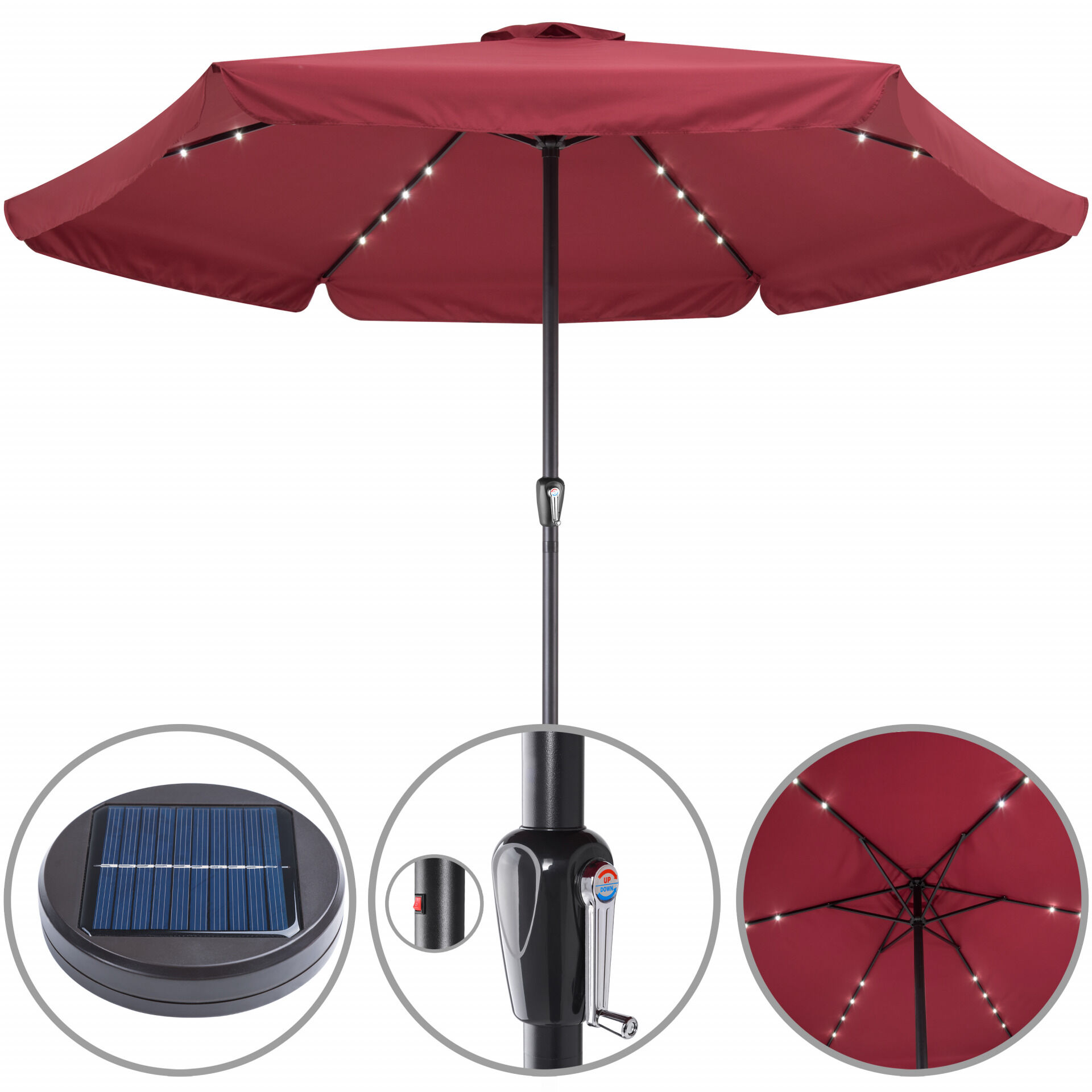 LED Solar Sonnenschirm Athen Rot Ø330cm UV-Schutz 80+