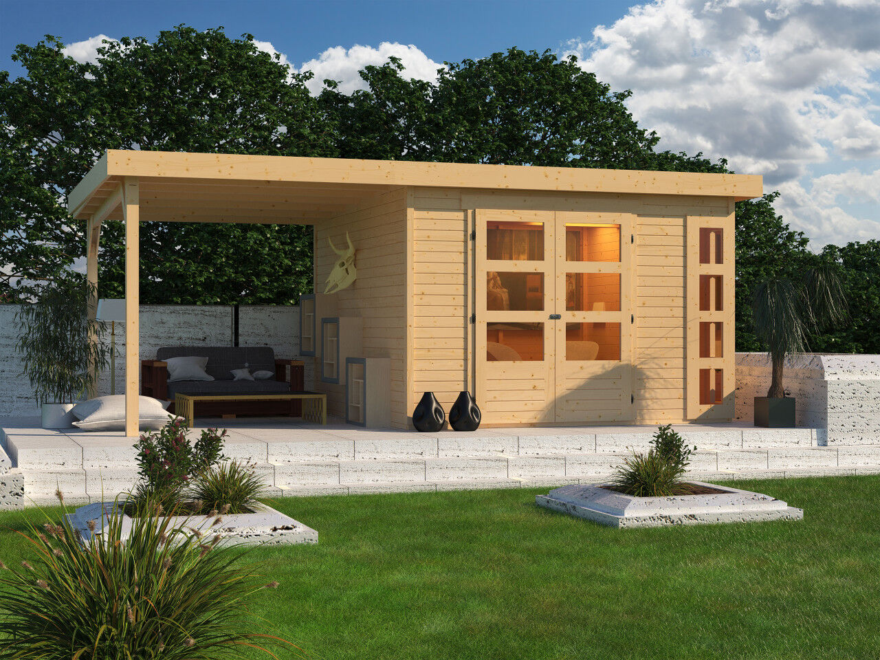 Flachdach Gartenhaus Kerko 6 im Set mit Anbaudach 2,40 m natur