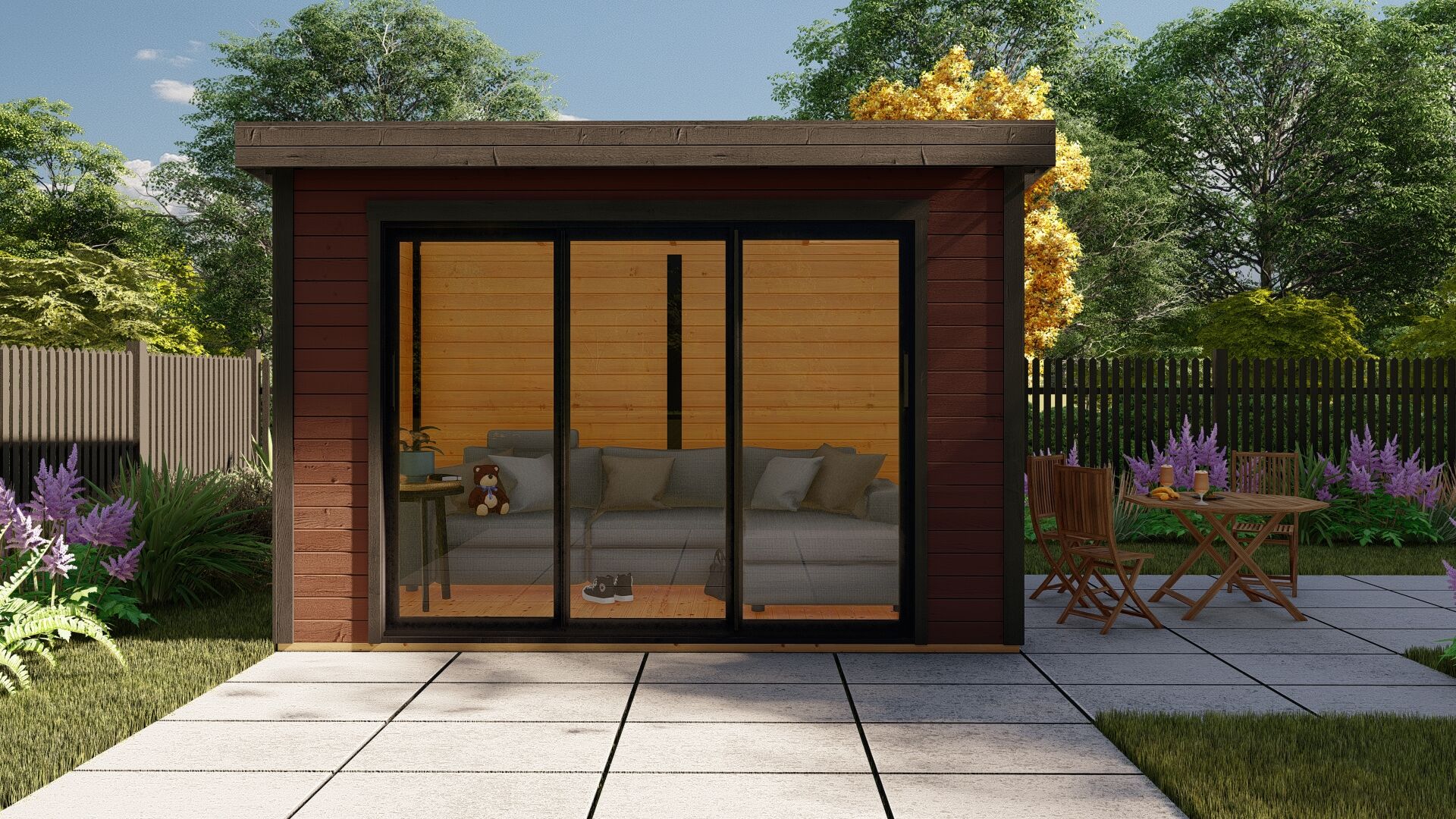 28 mm Flachdach Holz Gartenhaus modern Sydney 54 mit Schiebetür
