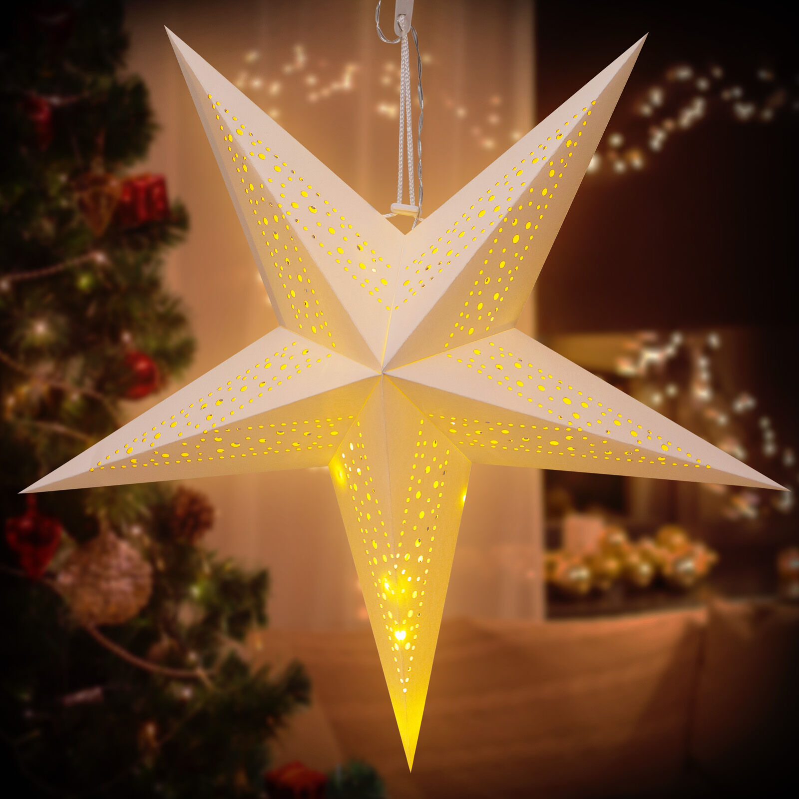 Papierstern LED Creme Ø60cm Punkte 5 Arme