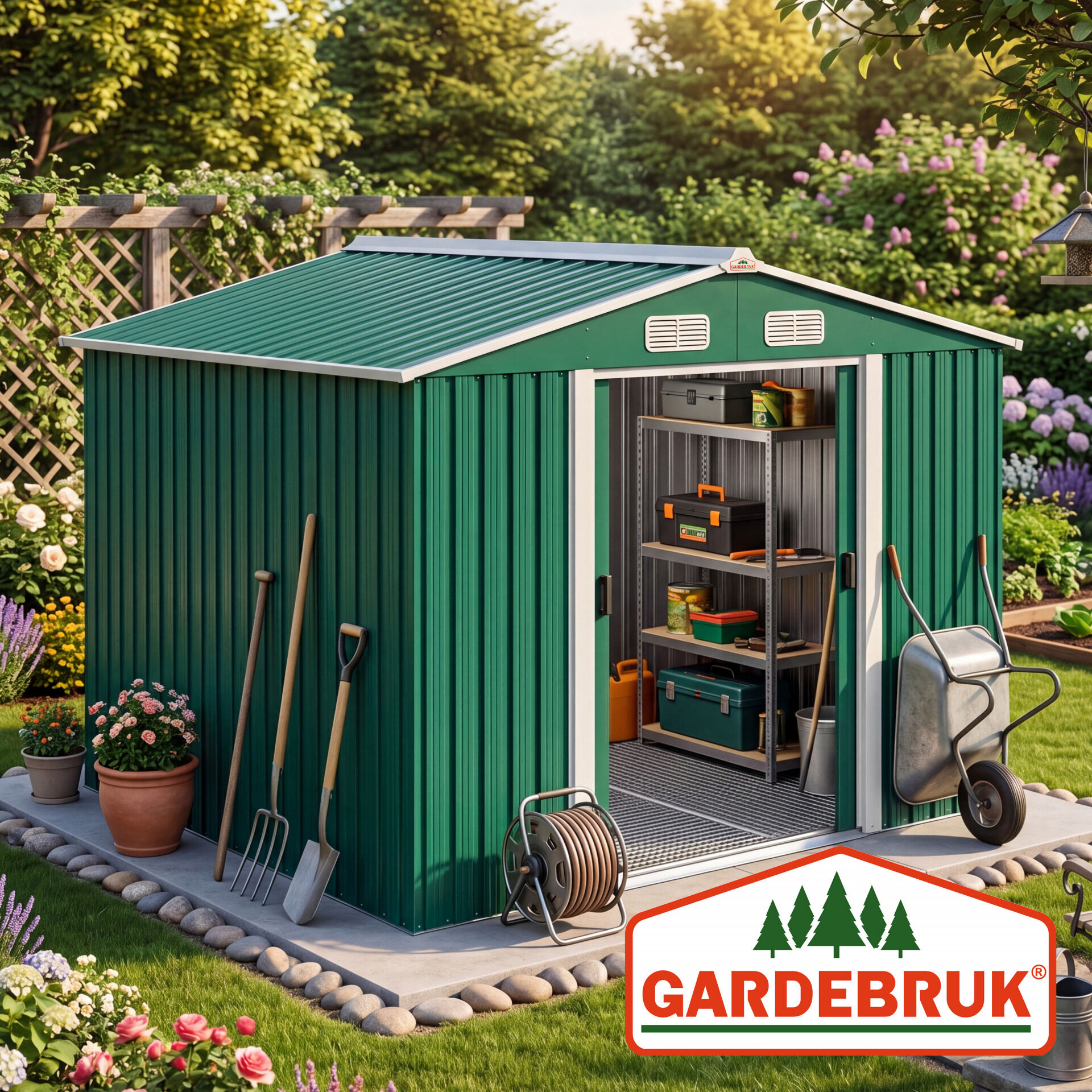Geräteschuppen Grün 260x205x180cm 5m² verzinkter Bodenkranz Schiebetür