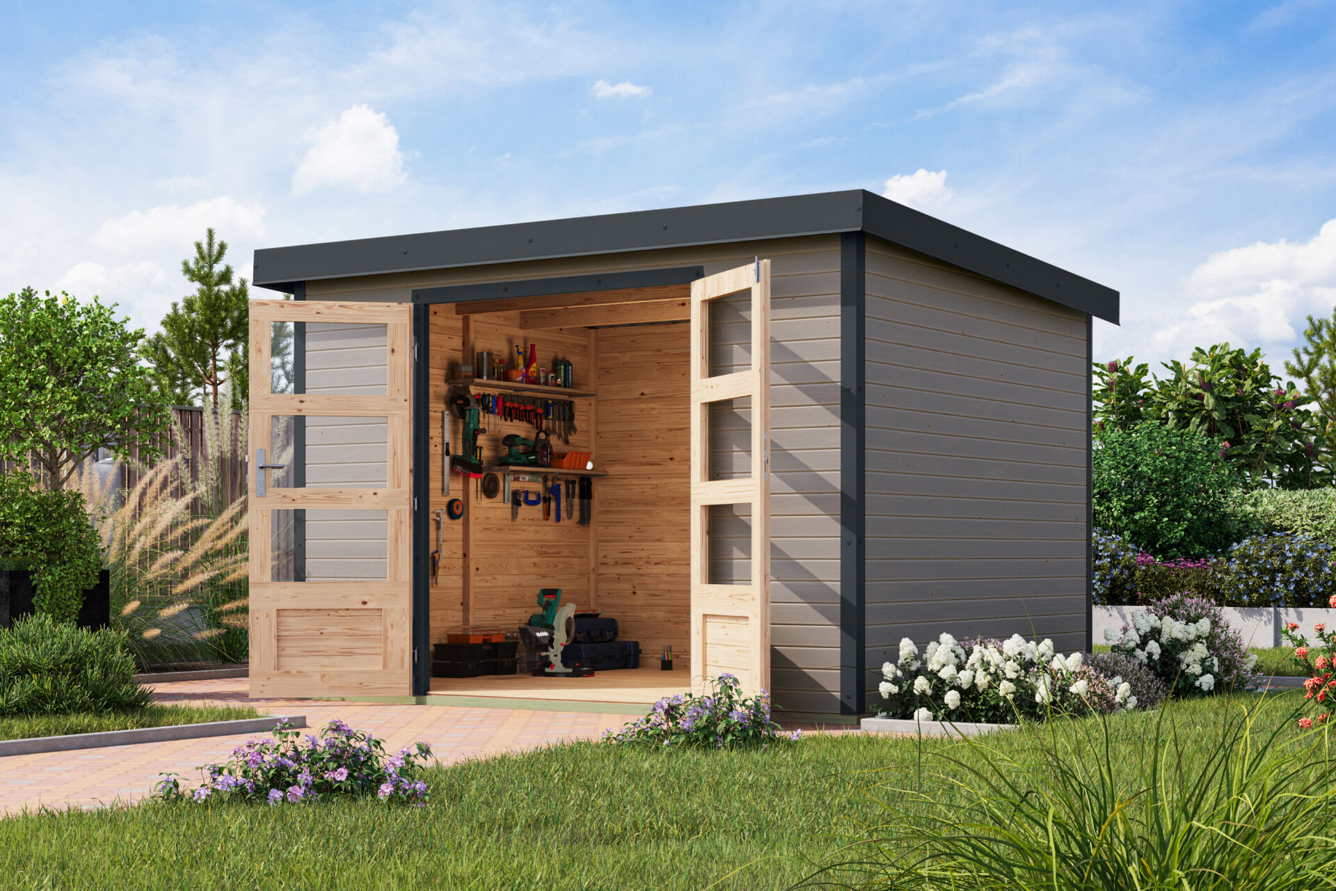 Karibu Pultdach Holz & Metall Gartenhaus Jupiter 5, naturbelassen / graualuminium