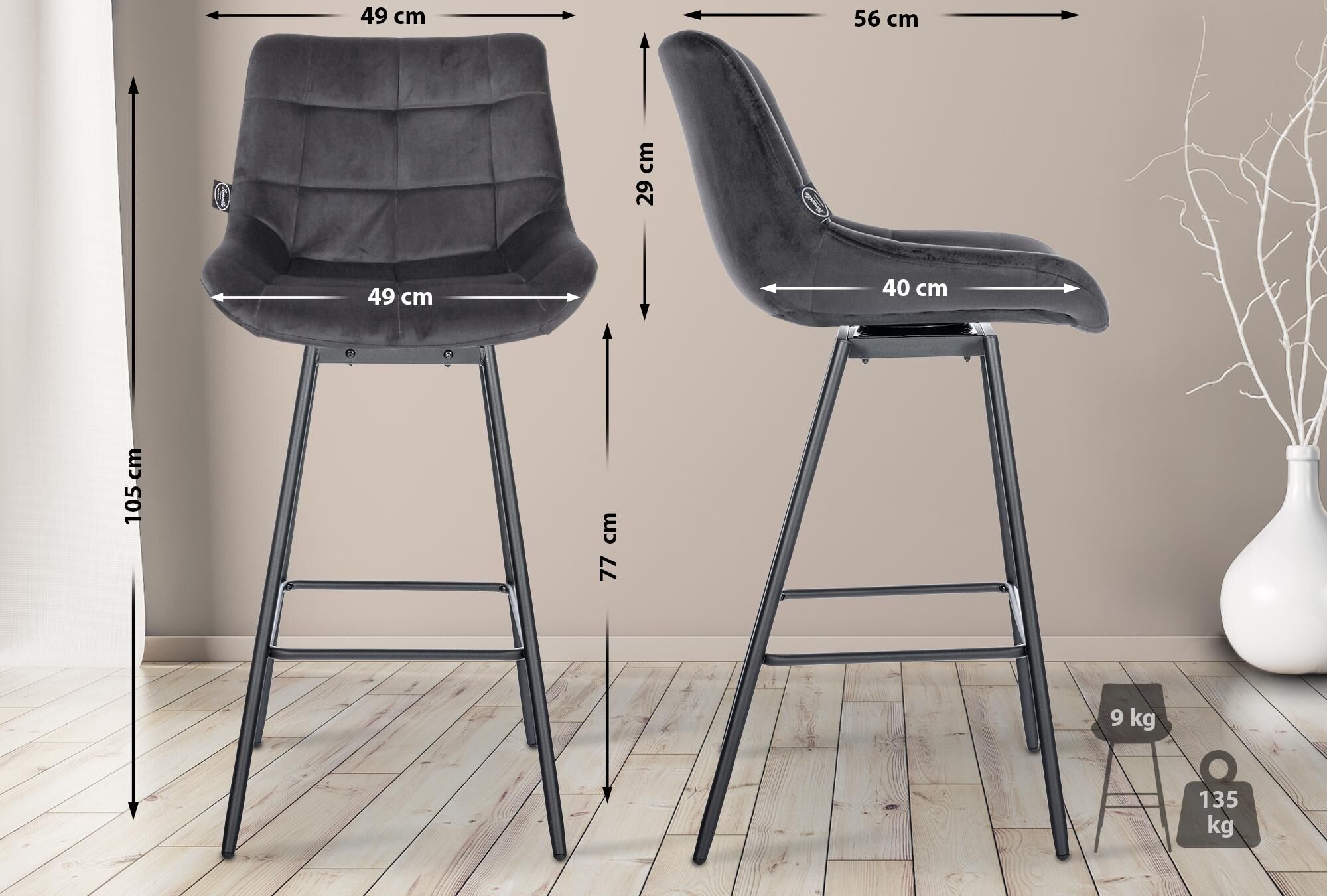 4er Set Barhocker Weston Schwenkbar Samt, dunkelgrau