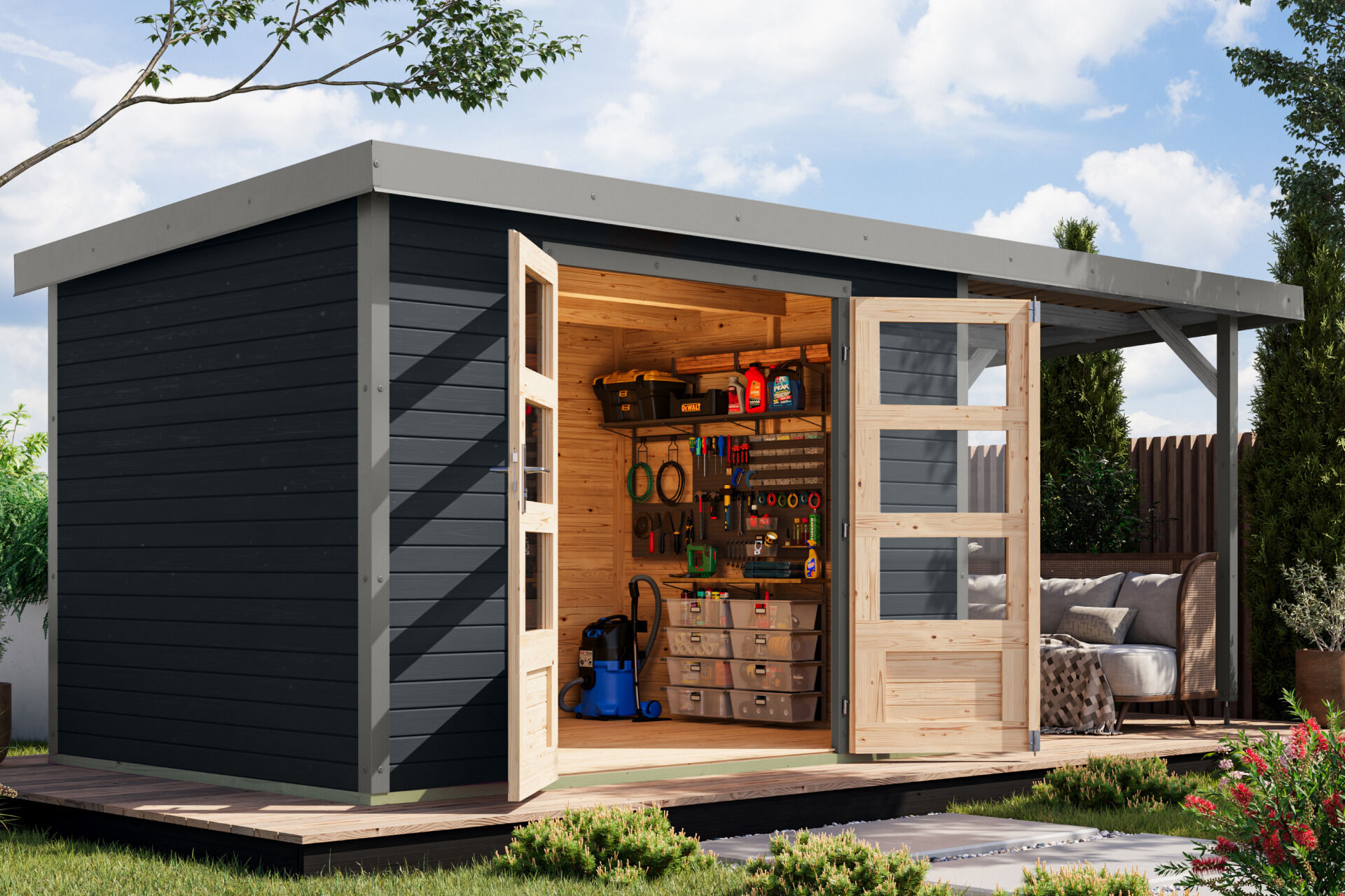 Karibu Pultdach Holz & Metall Gartenhaus Jupiter 4 Set mit Anbaudach 2,35 m, naturbelassen / graualuminium
