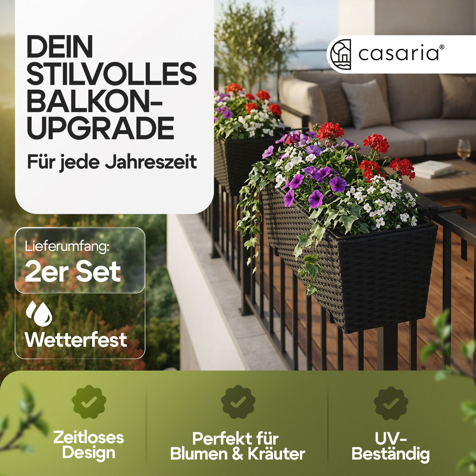 Polyrattan Blumenkasten 2er-Set Schwarz