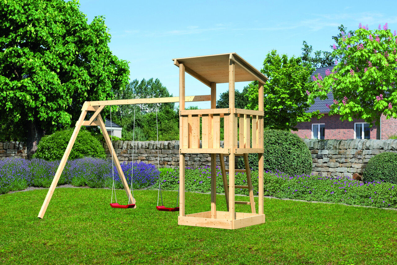 Spielturm Pultdach SET natur mit Doppelschaukelanbau