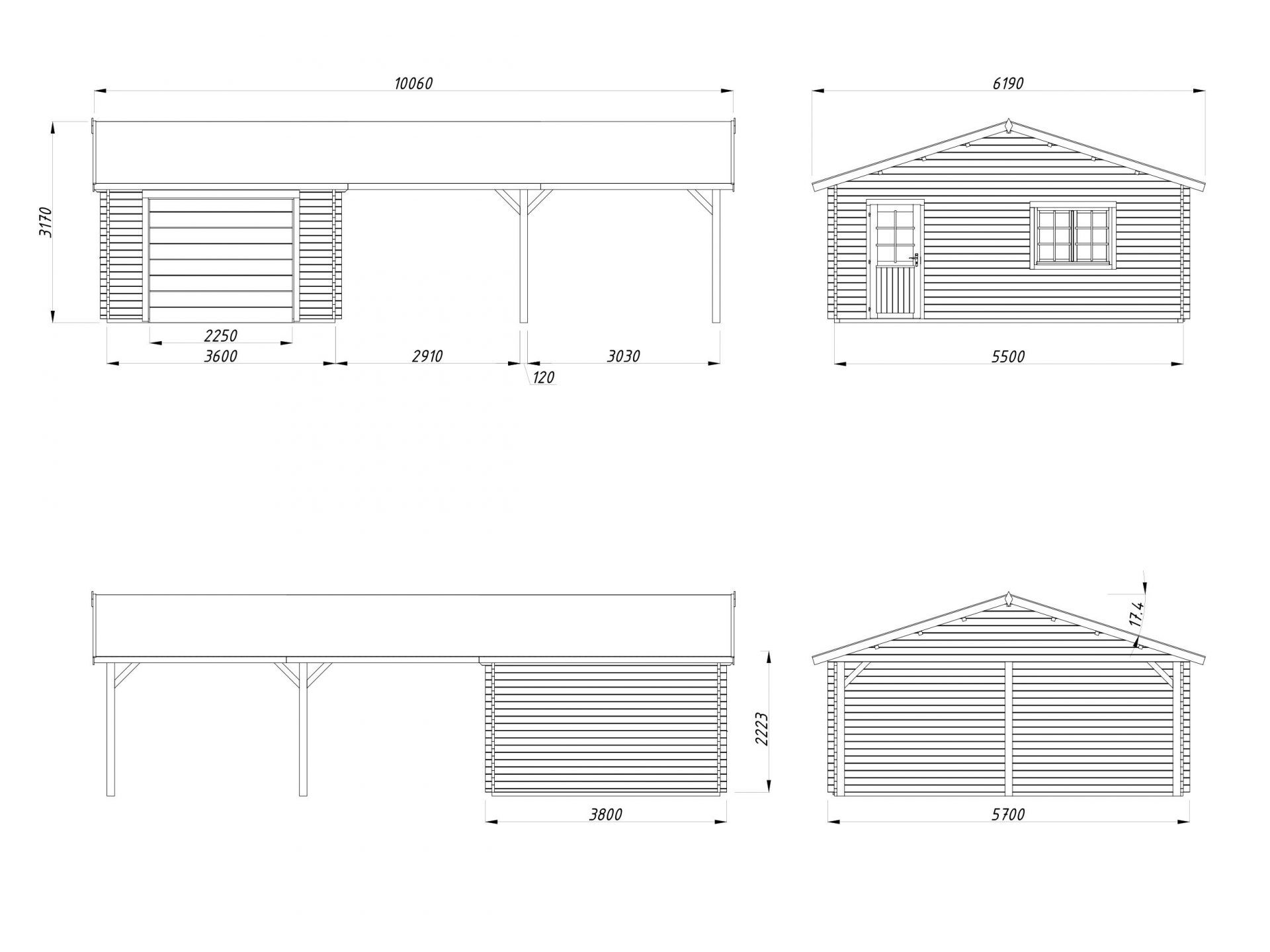 Palmako Holzgarage Roger 19,0+33,2 m2 mit Sektionaltor