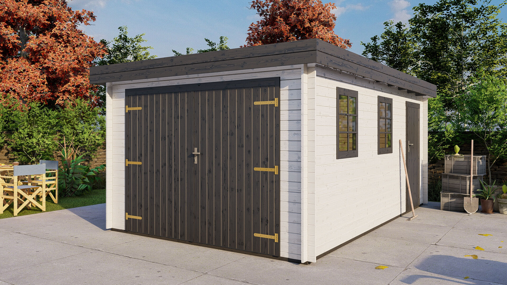 Flachdach Holzgarage Schweden 51 – 28 mm Blockbohlen Garage mit Seitentür & Doppeltor