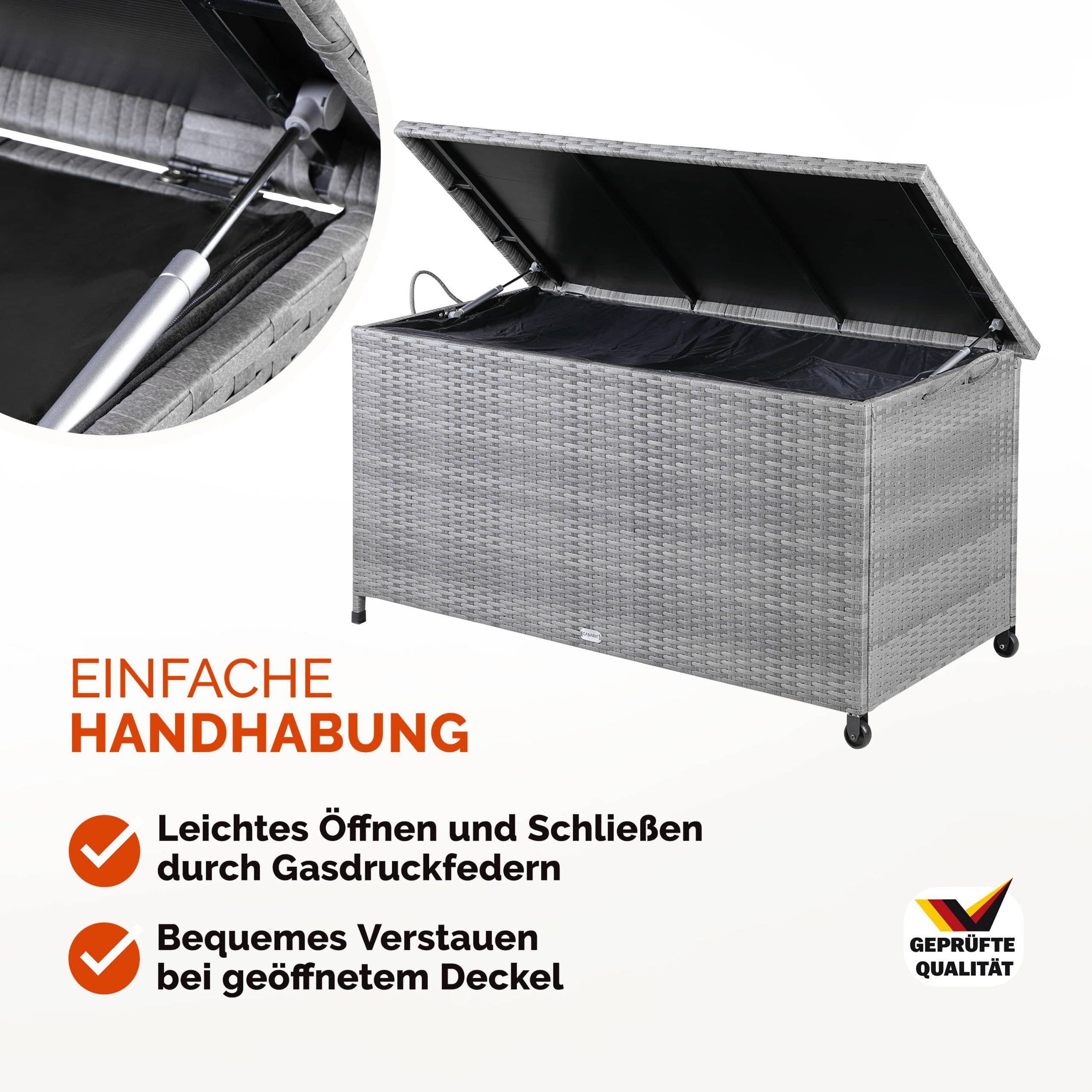Gartenbox Polyrattan Grau 117x53x60cm mit Griffen + Rollen