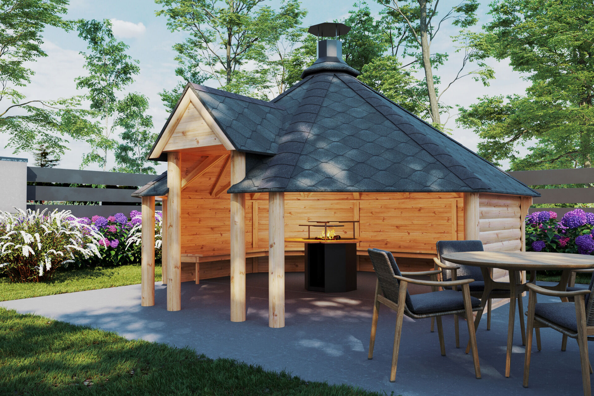 Finn Art Grillkota Elegance 16,5 m² offen mit brennendem Grill Seitenansicht rechts