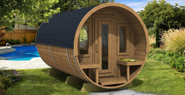 Finn Art Fass-Sauna Deluxe 400 Thermoholz, Holztür mit Glasausschnitt, 2 Fenster, schwarz - Hexagonal