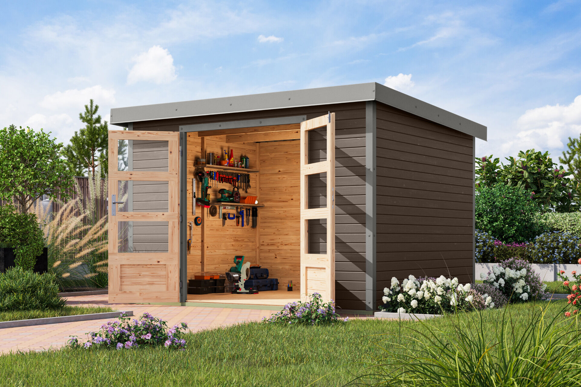 Karibu Pultdach Holz & Metall Gartenhaus Jupiter 5, naturbelassen / graualuminium