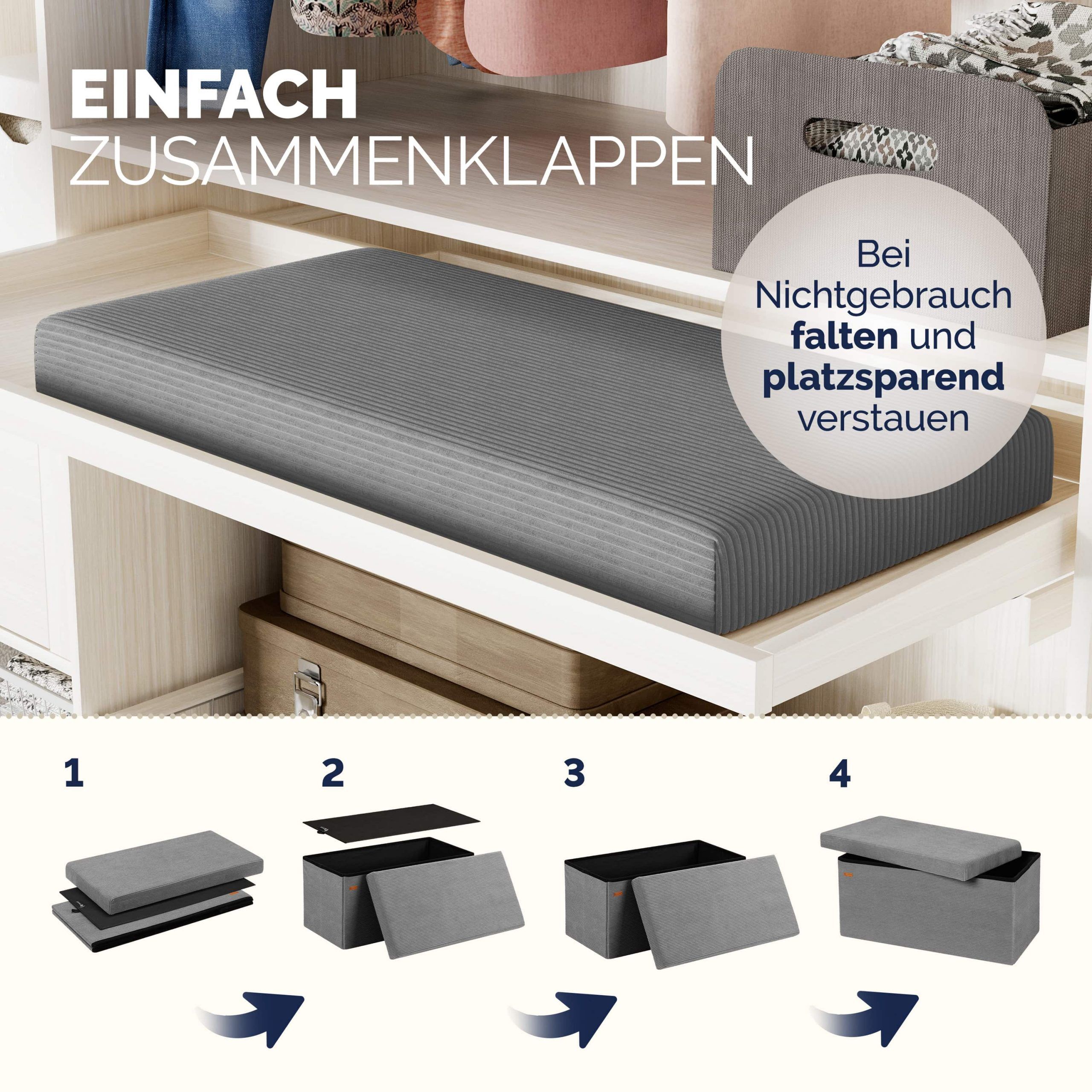 Sitzbank Anthrazit Cord 76x38x38cm MDF faltbar