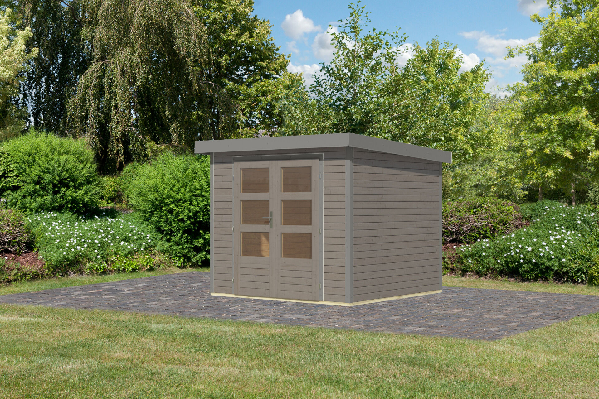 Karibu Pultdach Holz & Metall Gartenhaus Jupiter 3, naturbelassen / graualuminium