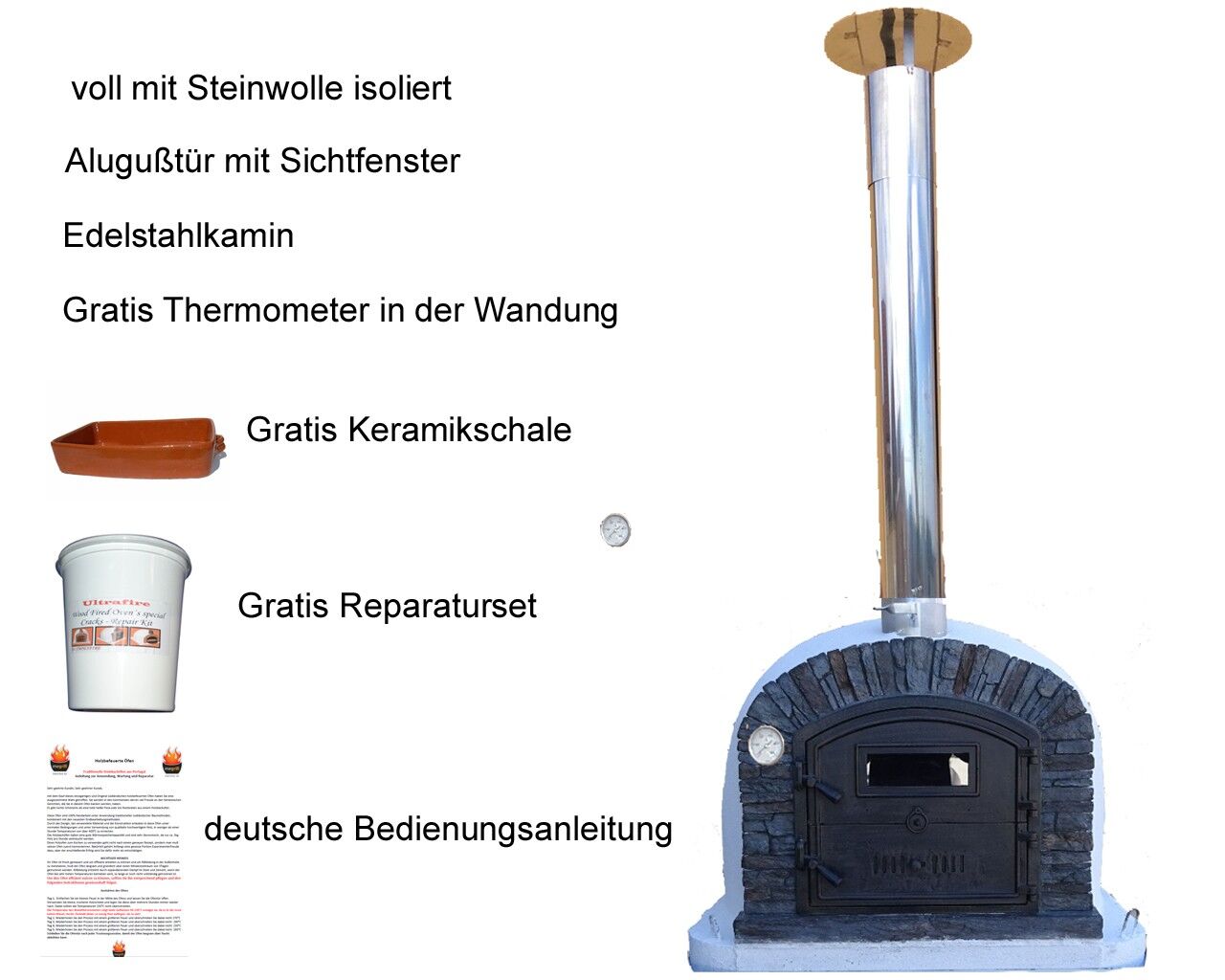Pizzaofen Ventura AL 120 inkl. Kaminrohr und Regenhut aus Edelstahl, schwarz, ohne Abdeckhaube, ohne Ofenzubehör, ohne Zubehörset, ohne Grillzubehör, ohne fahrbares Gestell