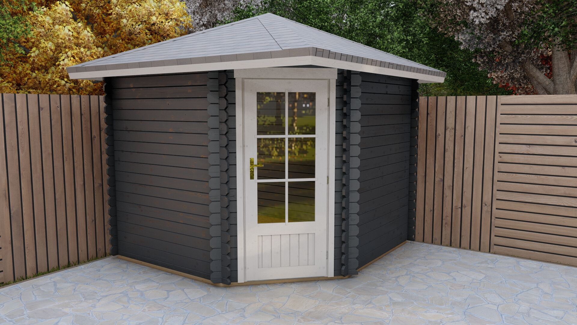 5-Eck Gartenhaus Schweden 42 28 mm Blockbohlen Gartenhaus mit Einzeltür 260x260 cm