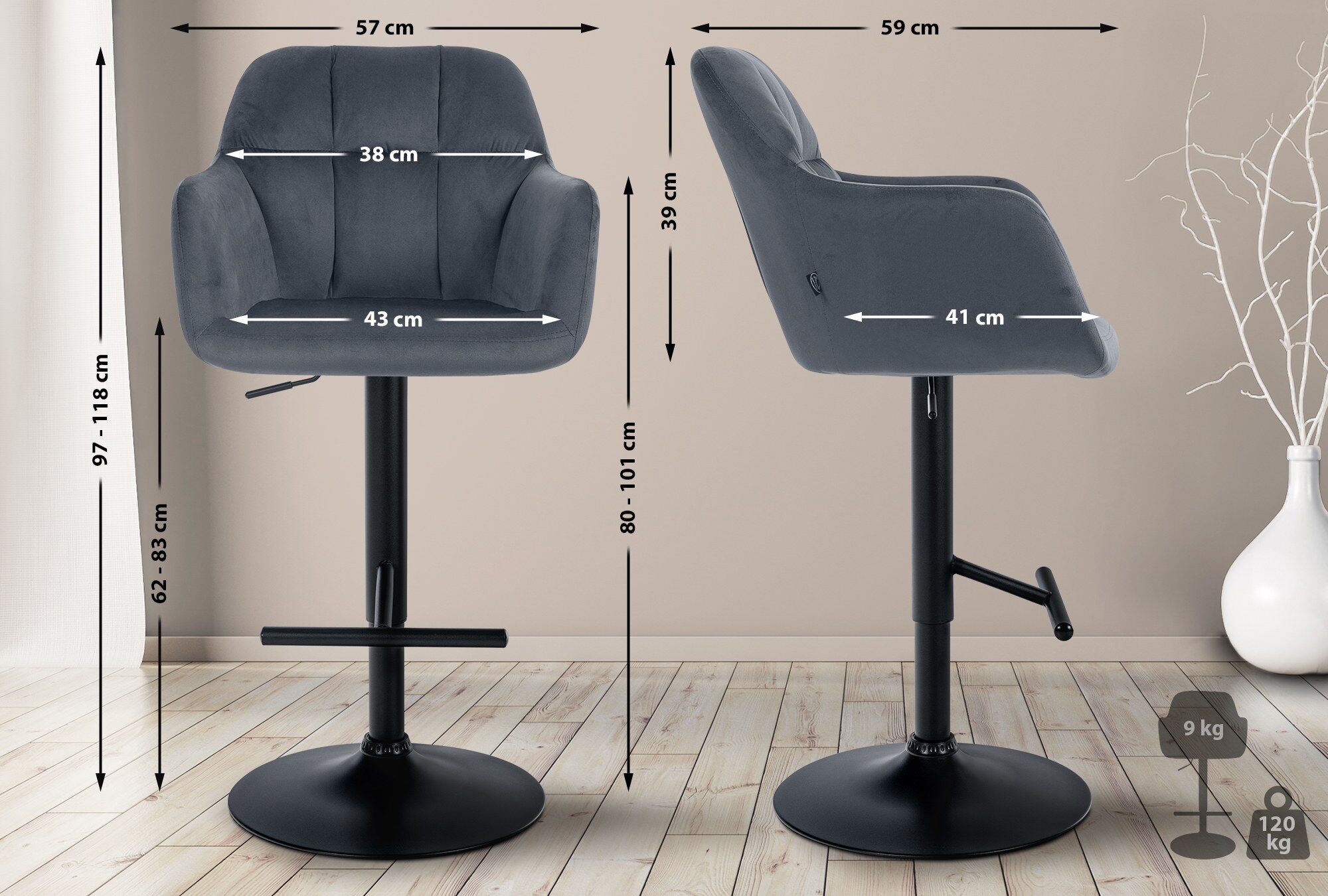 Barhocker Natoma Samt schwarz, dunkelgrau