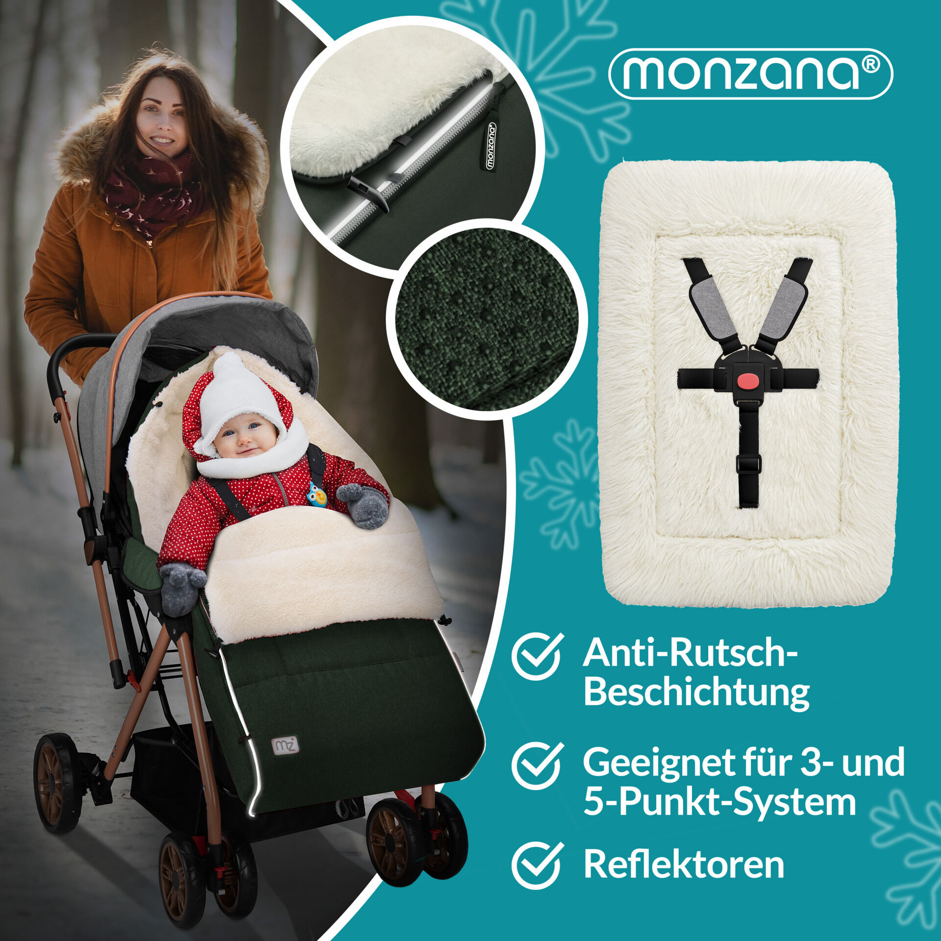 Babyfußsack Grau-Grün gefüttert Kinderwagen geeignet
