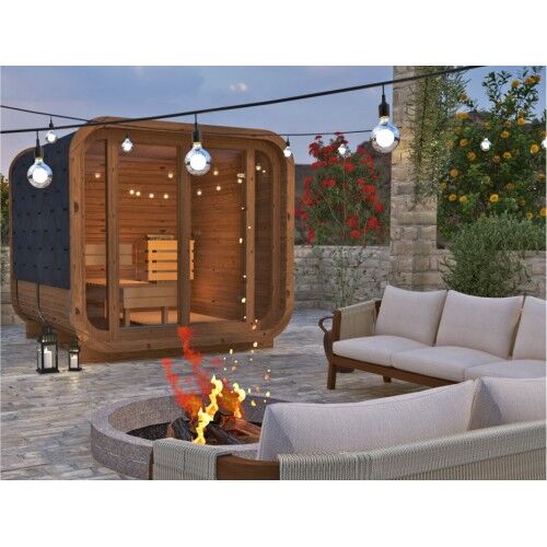 Fasssauna Premium Quadro 2.3x2.3 frontale und seitliche Ansicht links mit Ambiente