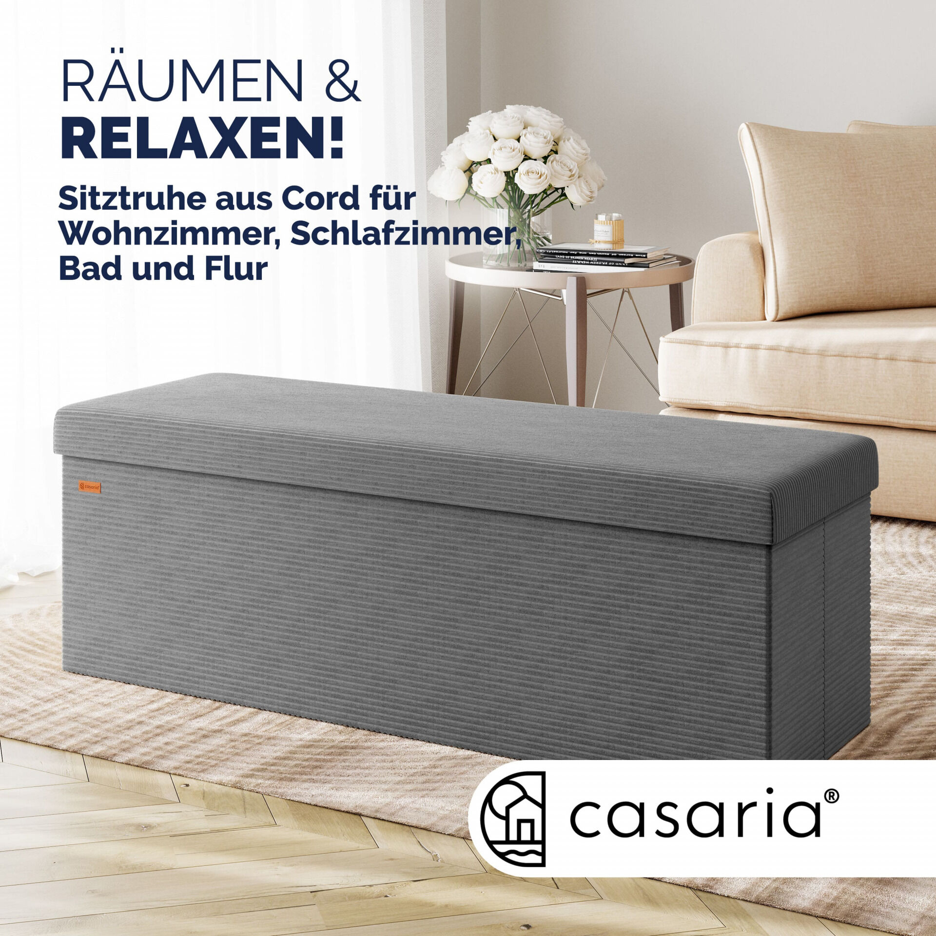 Sitzbank Anthrazit Cord 114x38x38cm MDF faltbar