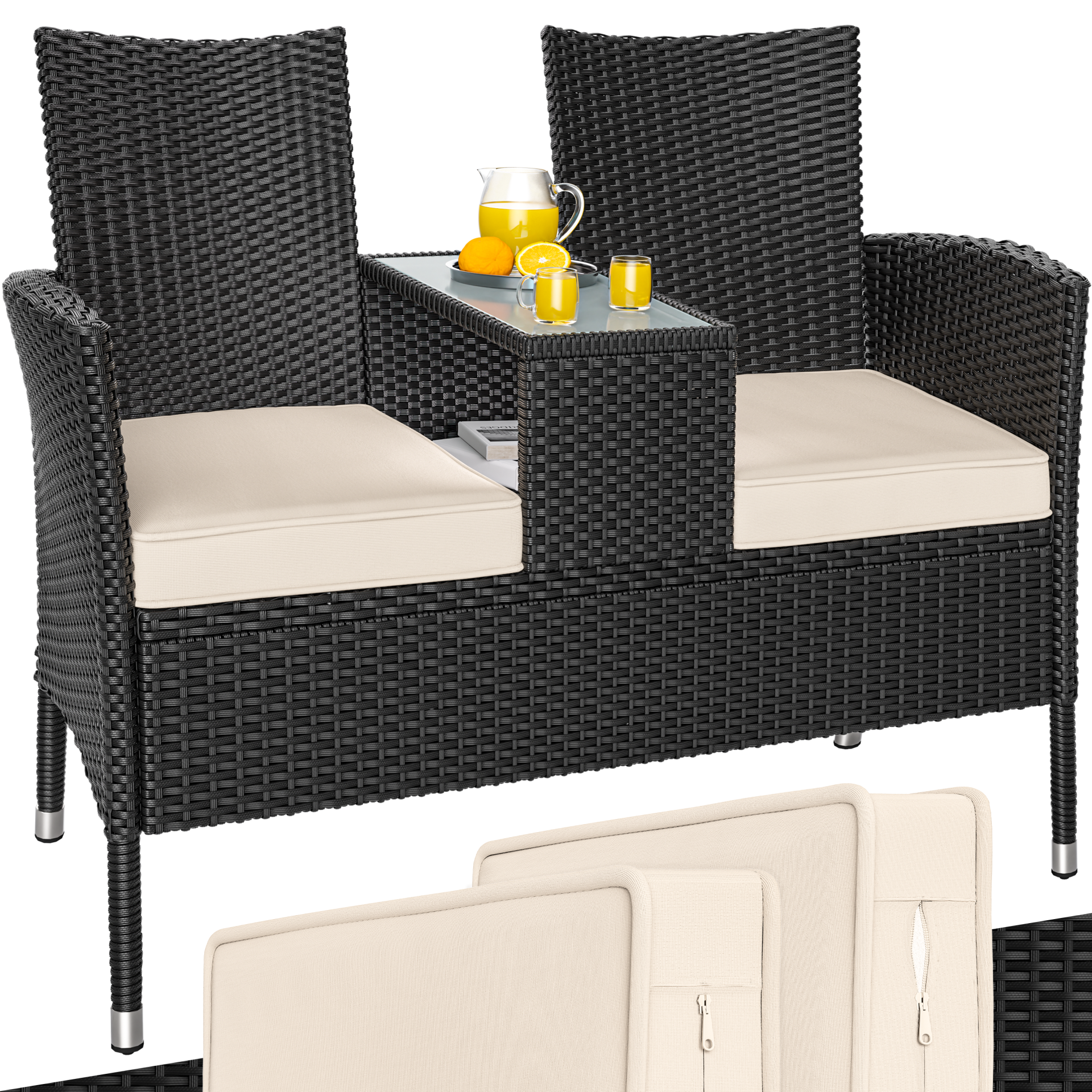 Polyrattan Kino Bank Schwarz 145x58x87cm