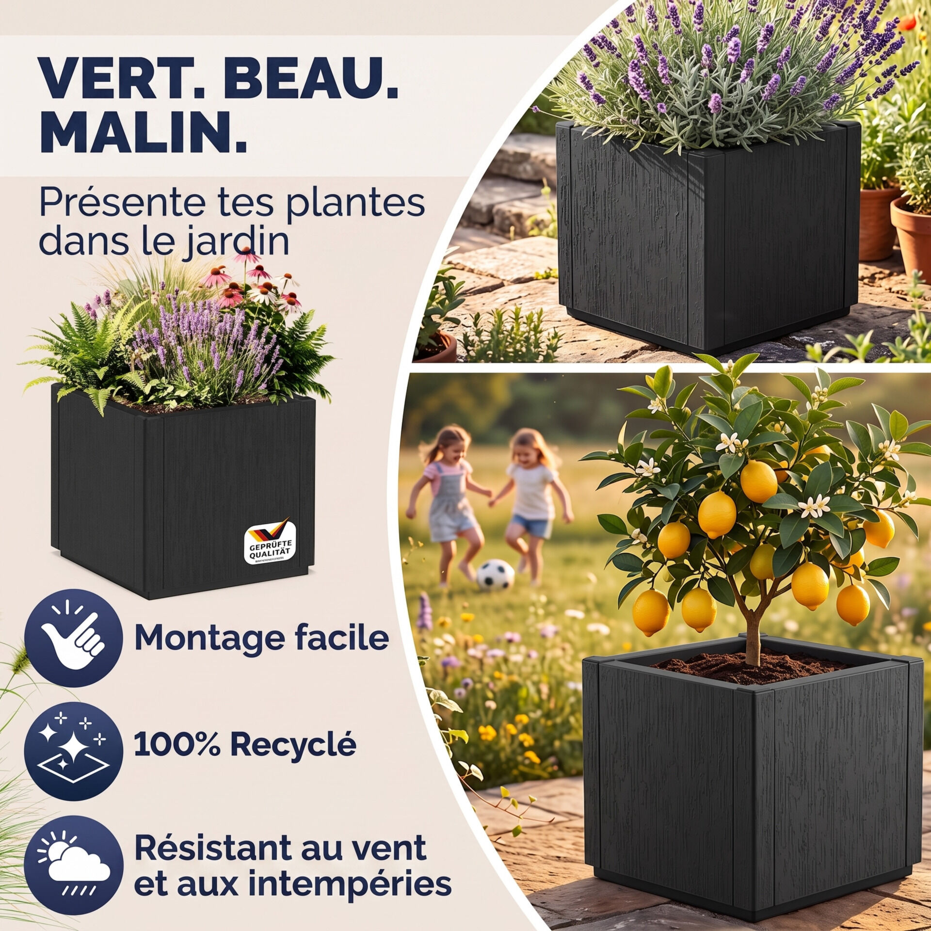 Blumentopf Ethica Anthrazit Kunststoff 36x36x35cm
